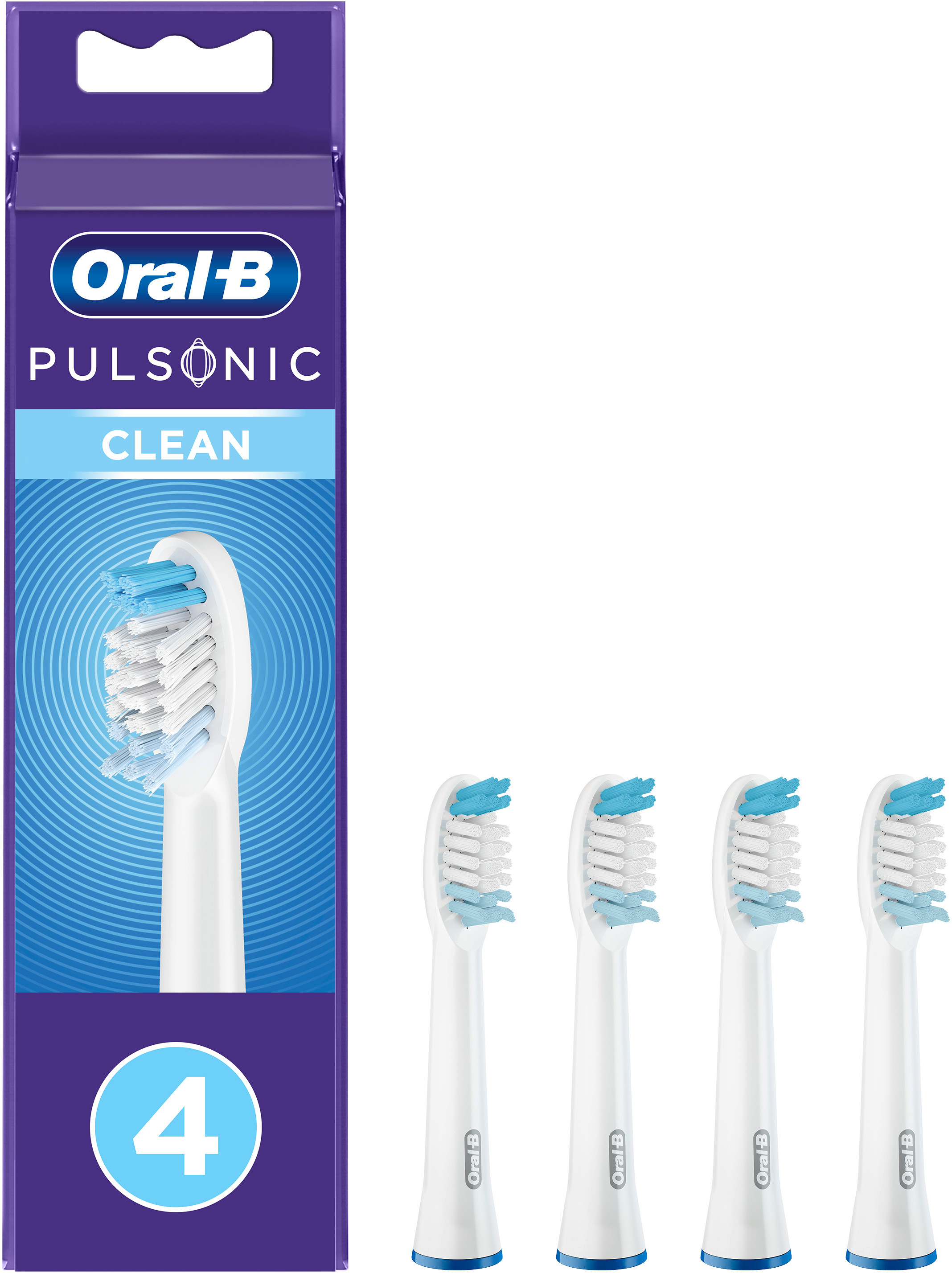 Testine Oral-B Pulsonic Clean, confezione da 4, bianche con setole blu.