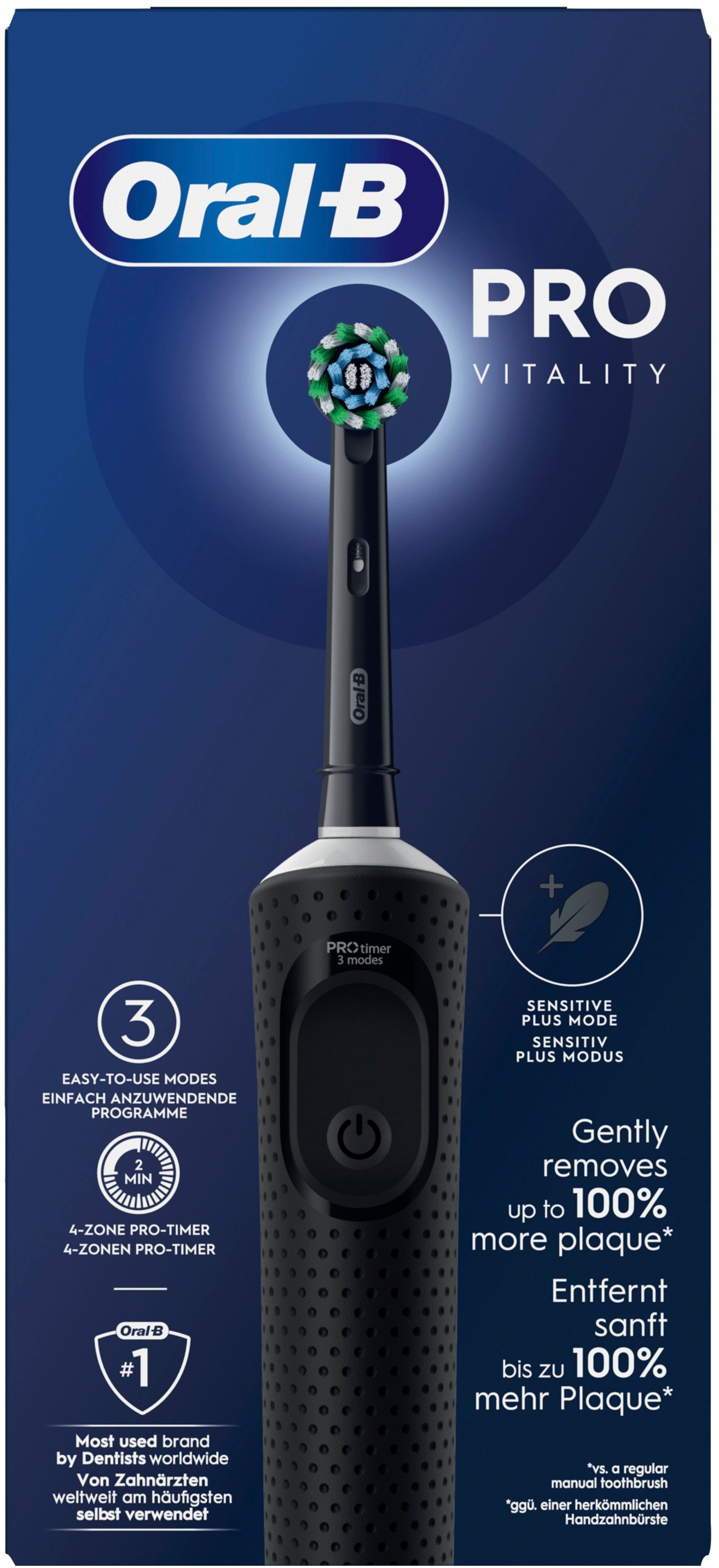 Brosse à dents électrique noire Oral-B Pro Vitality avec tête et infos.