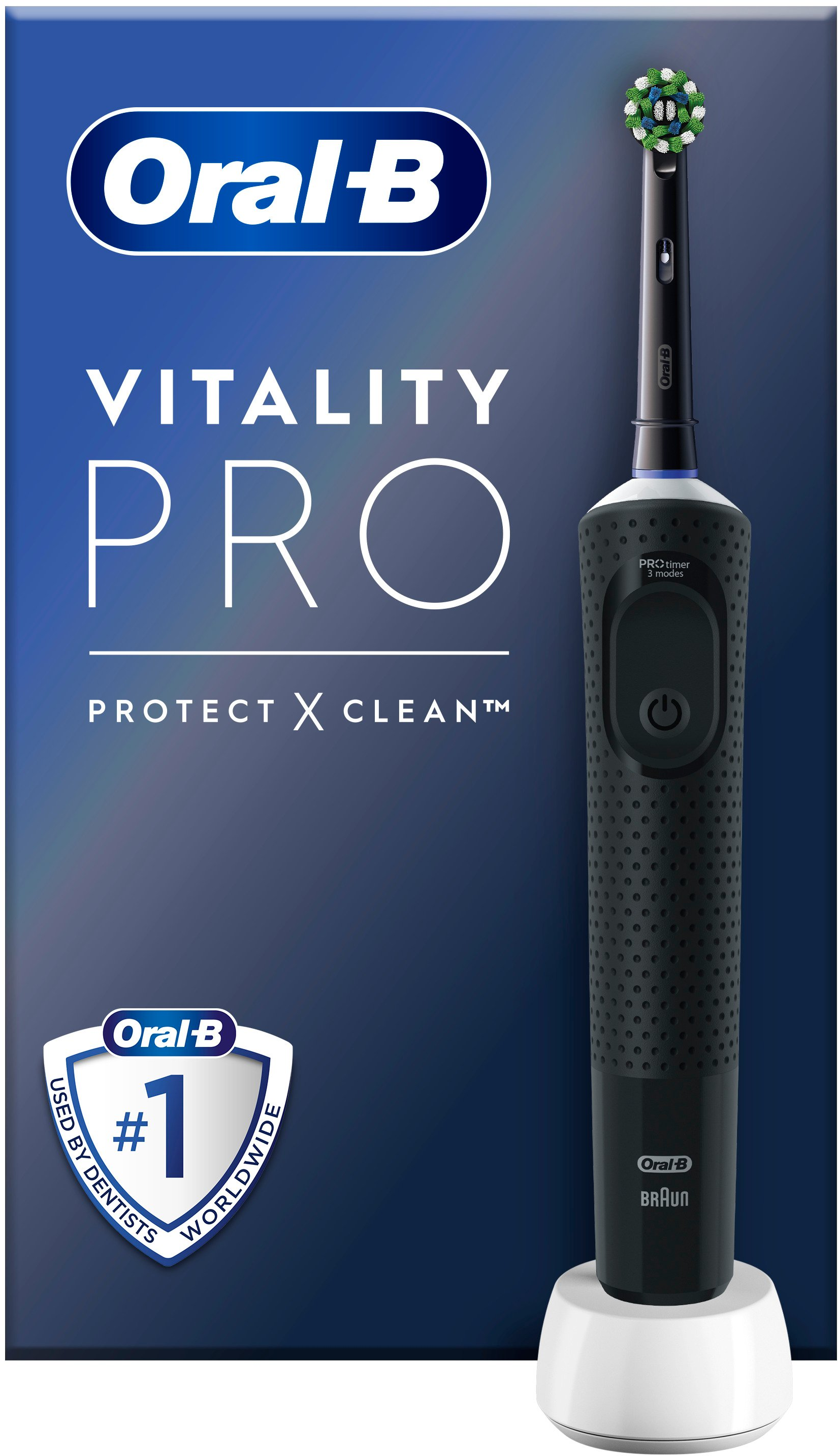 Une brosse à dents électrique Oral-B noire sur socle de chargement blanc.