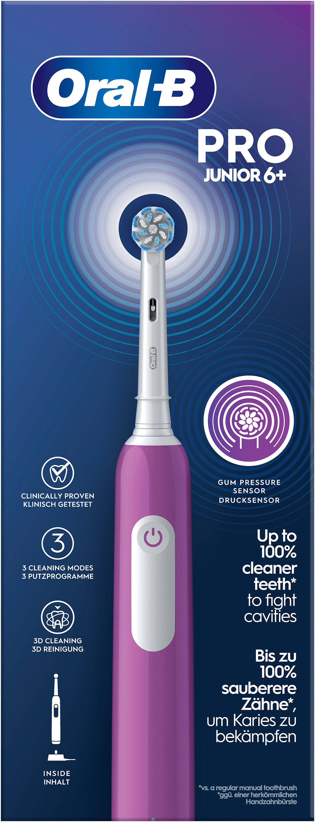 Brosse à dents électrique Oral-B Pro Junior 6+ violette avec capteur de pression.