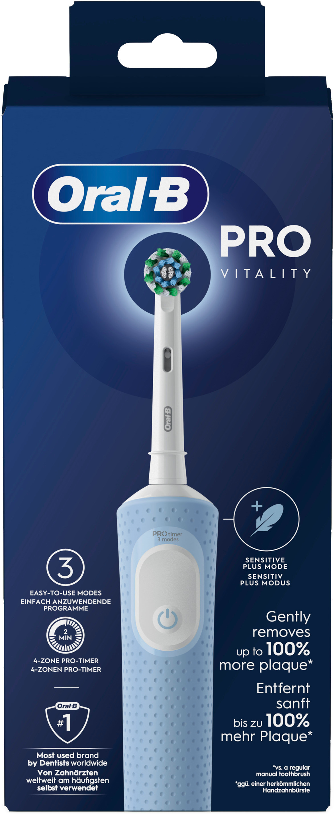 Spazzolino Oral-B Pro Vitality bianco con manico e testina blu.