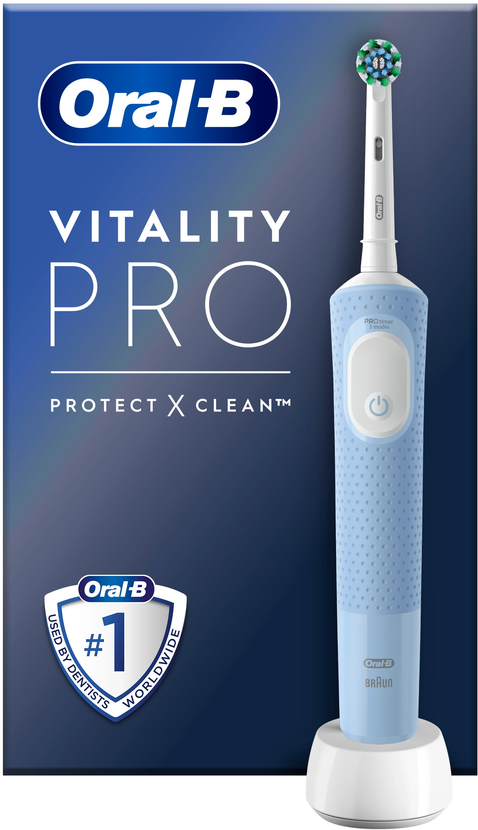 Uno spazzolino Oral-B azzurro con testina bianca e base di ricarica.