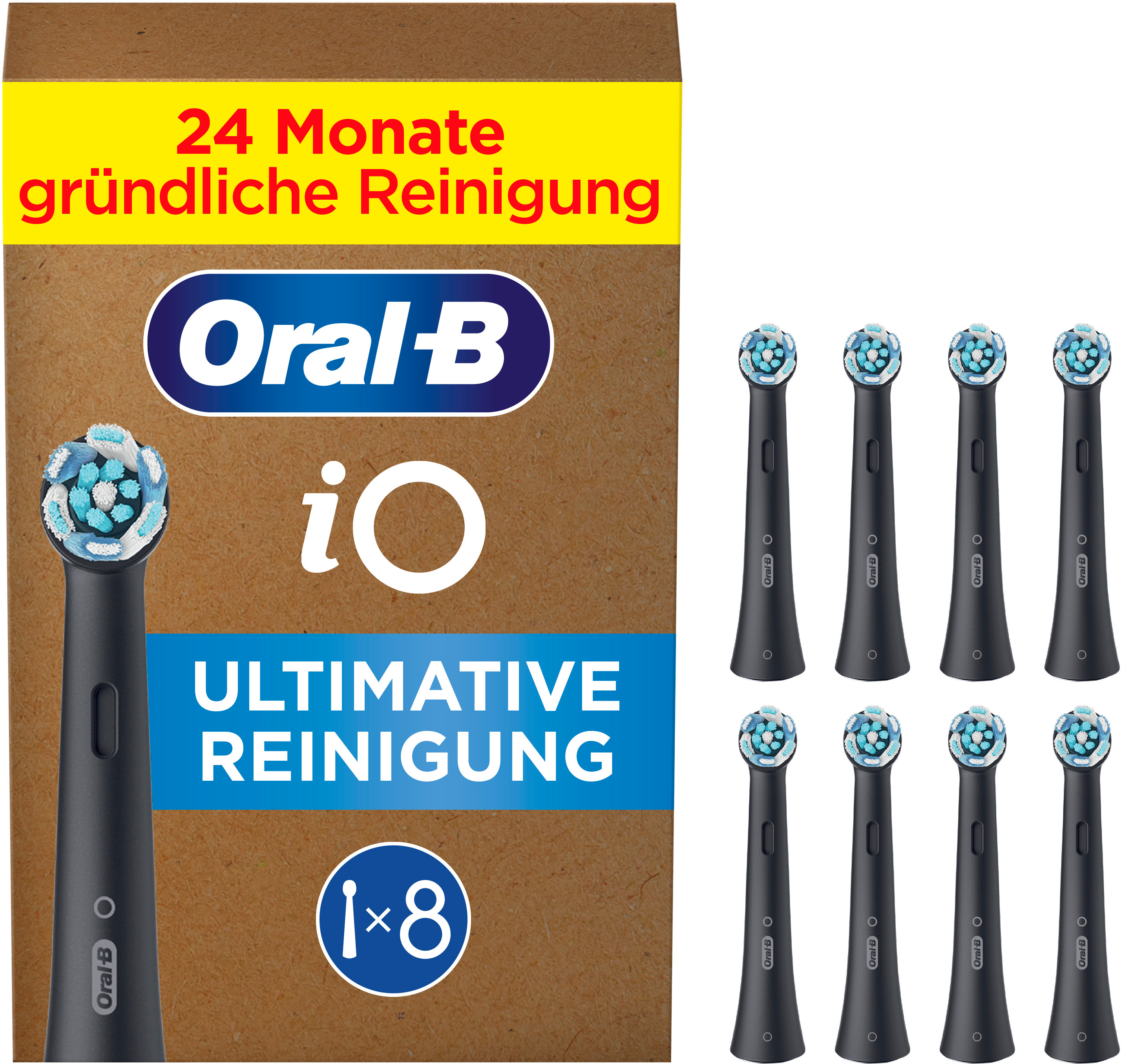Testine Oral-B iO, confezione da 8, su scatola di cartone marrone.