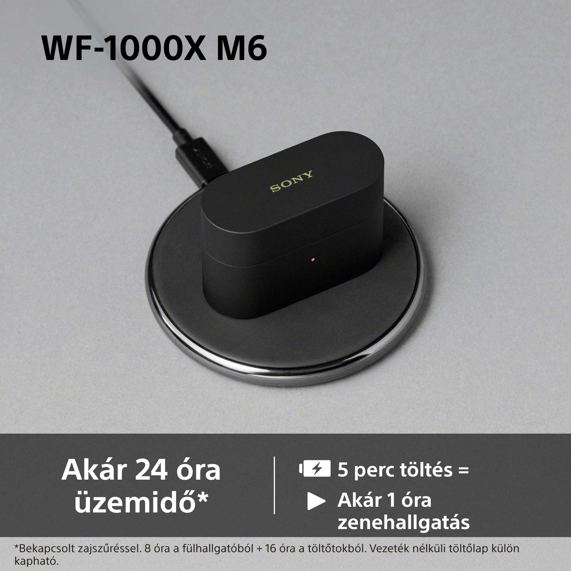 Fekete Sony WF-1000X M6 töltőtok töltőaljzaton, kábellel.