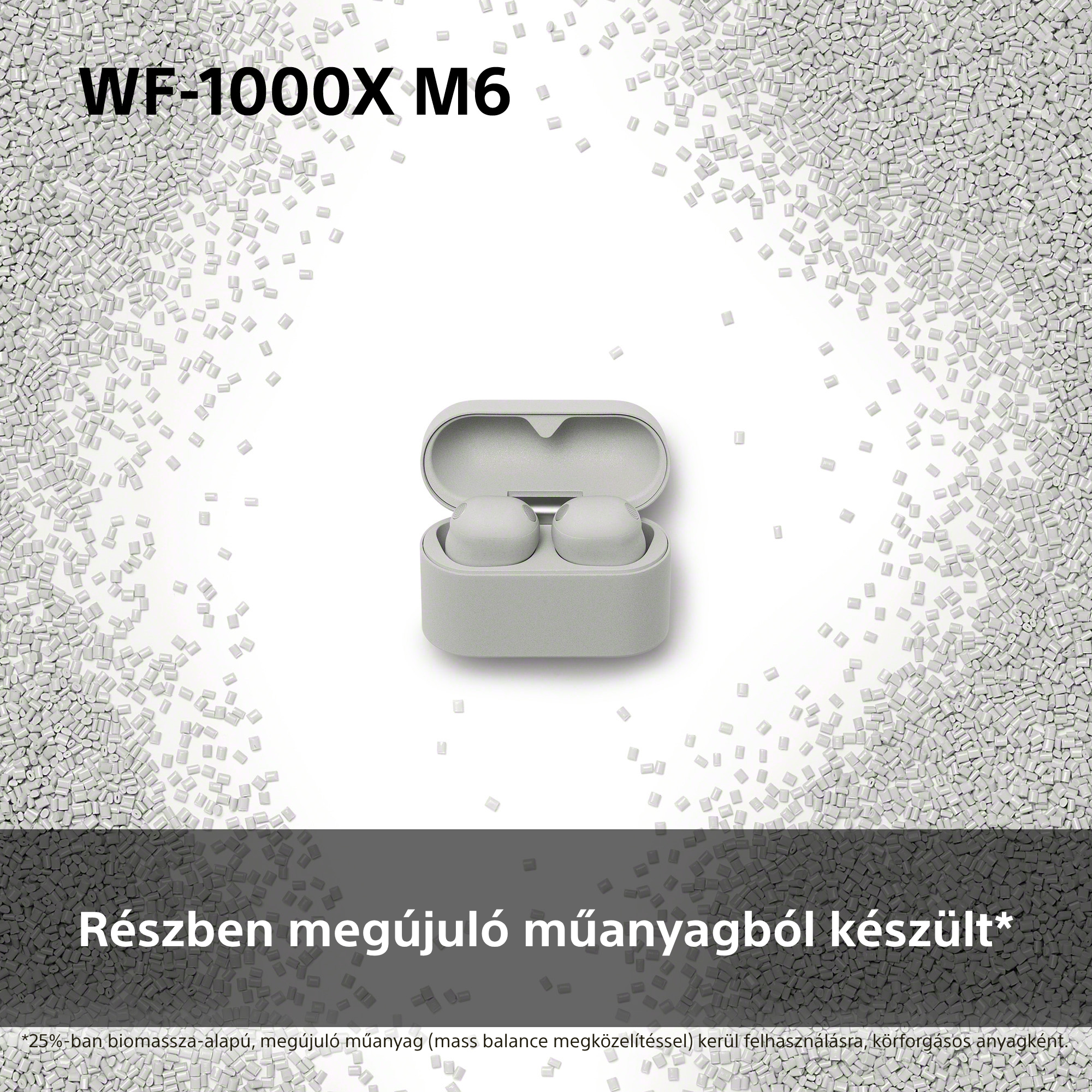 WF-1000X M6 fülhallgató töltőtokban, műanyag granulátummal körülvéve.