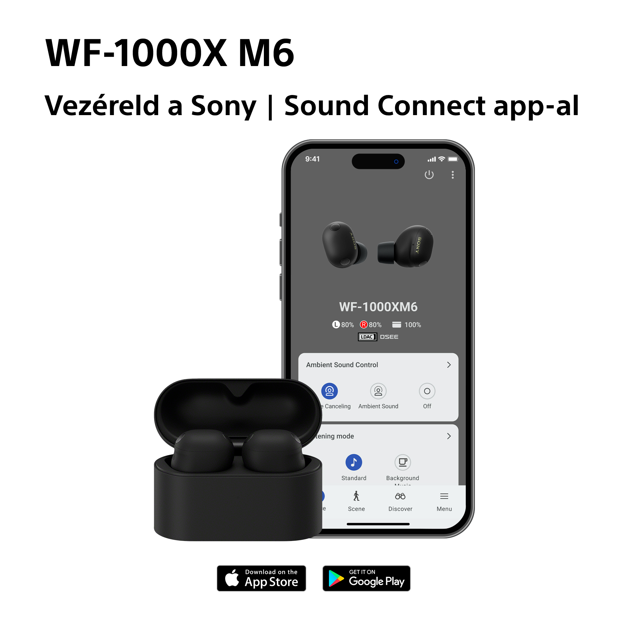 Sony WF-1000XM6 fülhallgató töltőtokkal és applikációs felülettel okostelefonon.