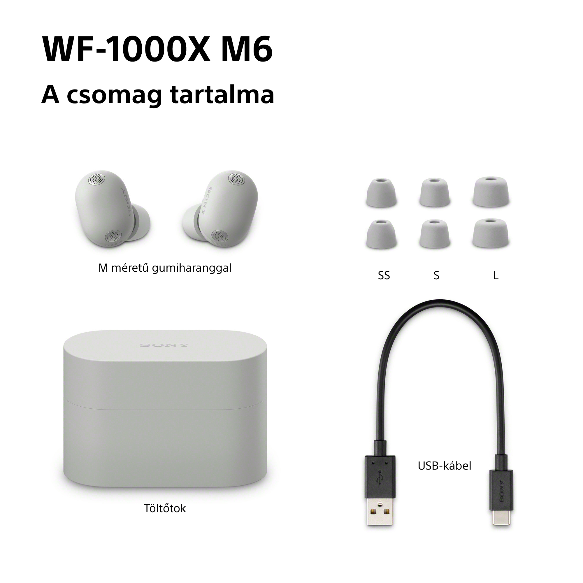 Sony WF-1000XM6 tartalma: Fülhallgatók, töltőtok, USB-C kábel, 3 pár fülilleszték.