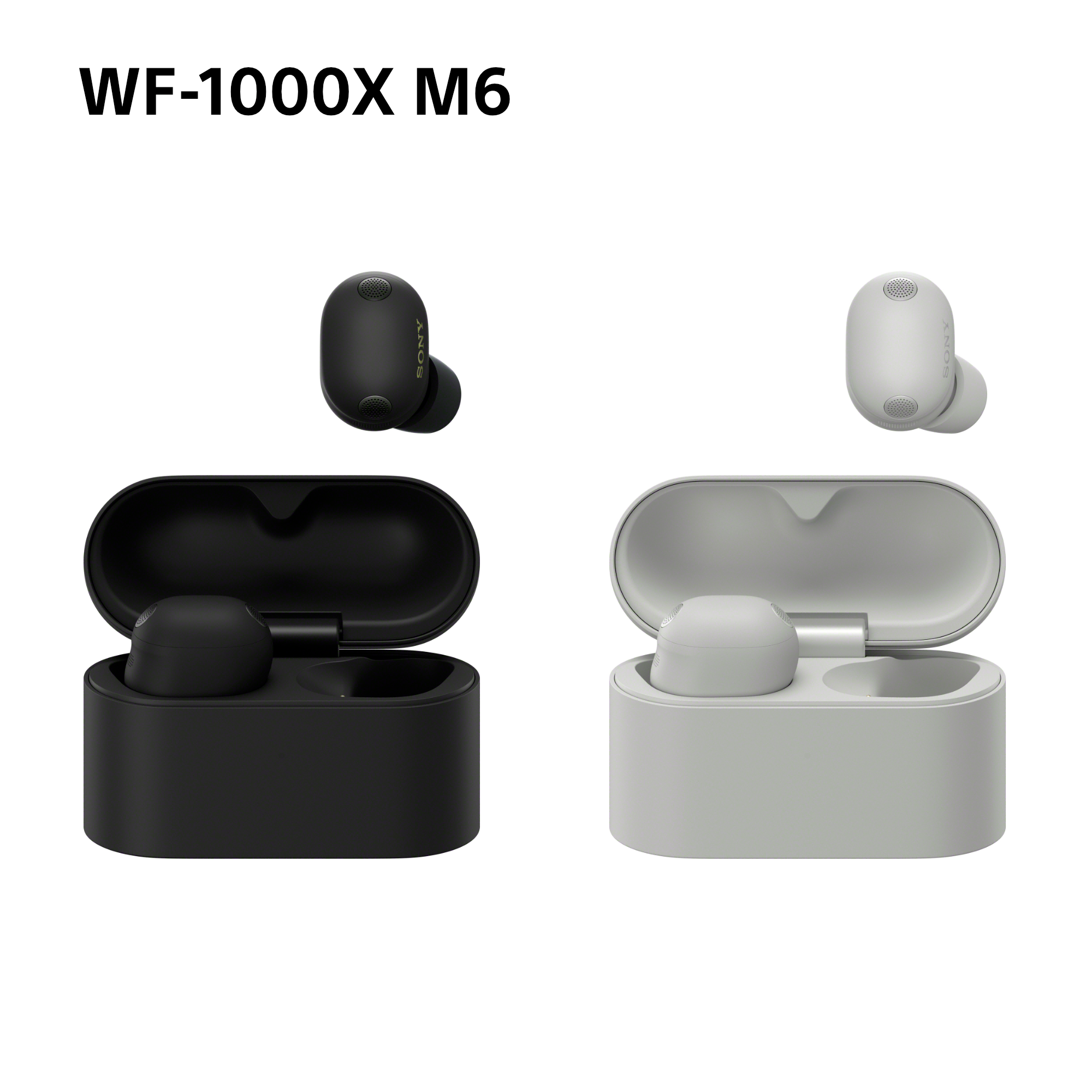 Két Sony WF-1000XM6 fülhallgató, egy fekete és egy világosszürke.