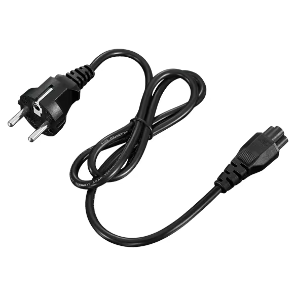 Un cable de alimentación negro con enchufe europeo y conector de tres pines.
