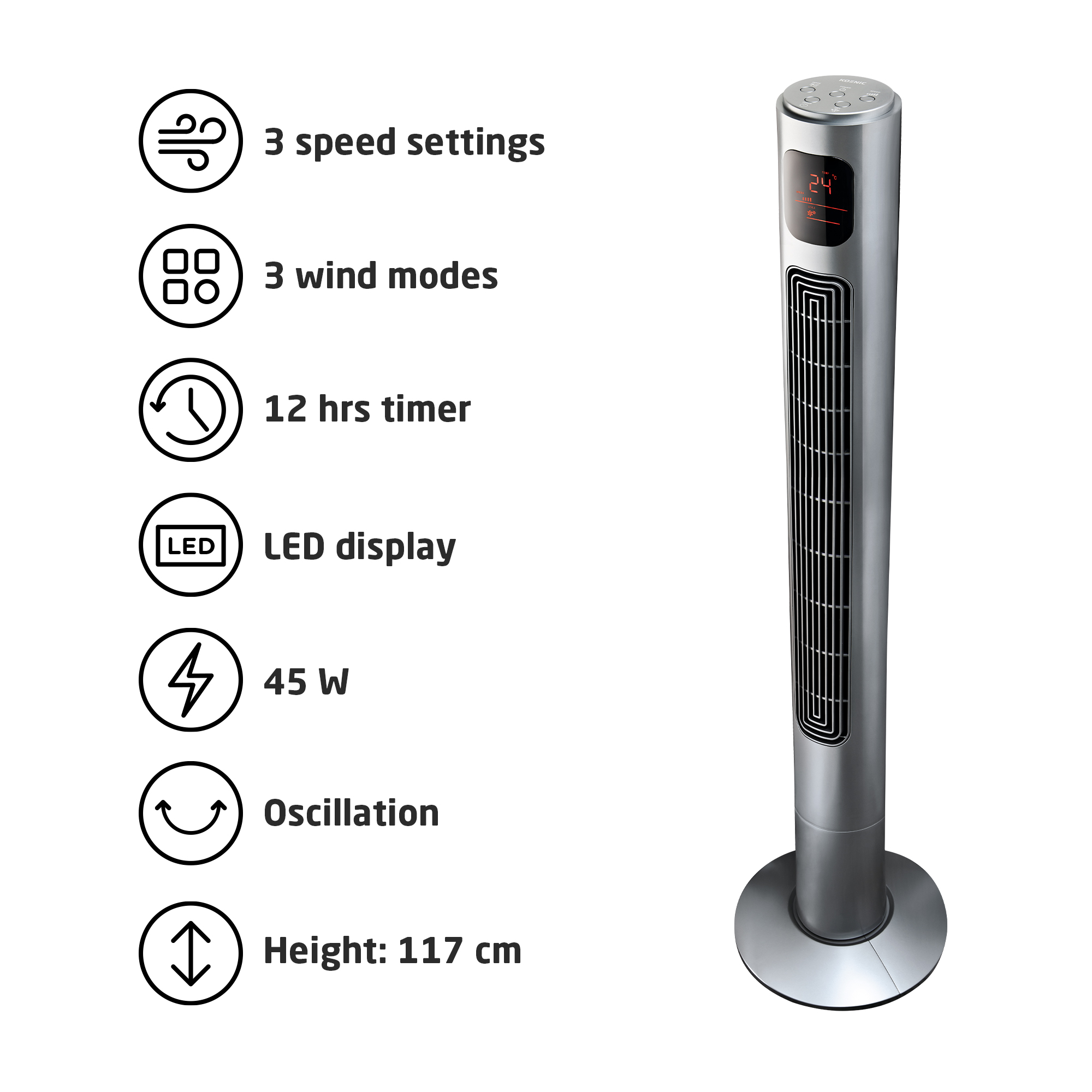 Elegancki, srebrny wentylator wieżowy z wyświetlaczem LED i 3 prędkościami.