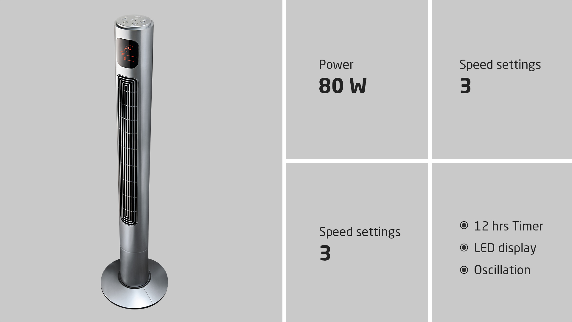 Srebrny wentylator wieżowy o mocy 80W, 3 prędkościach, timerze i wyświetlaczu LED.