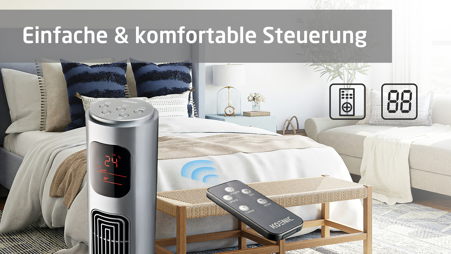 Wentylator wieżowy z pilotem i wyświetlaczem w sypialni.