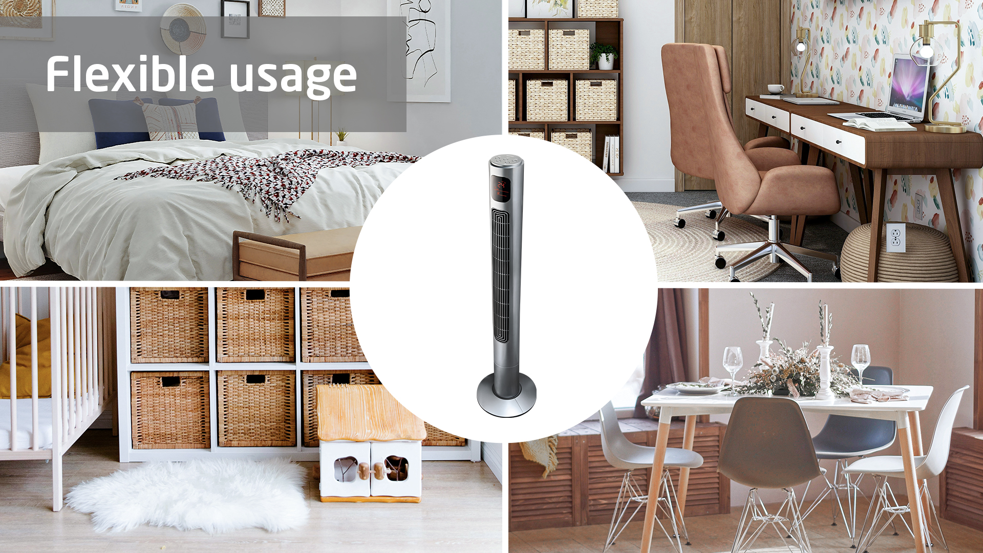 Kolaż przestrzeni mieszkalnych: sypialnia, biuro, pokój dziecięcy i jadalnia.