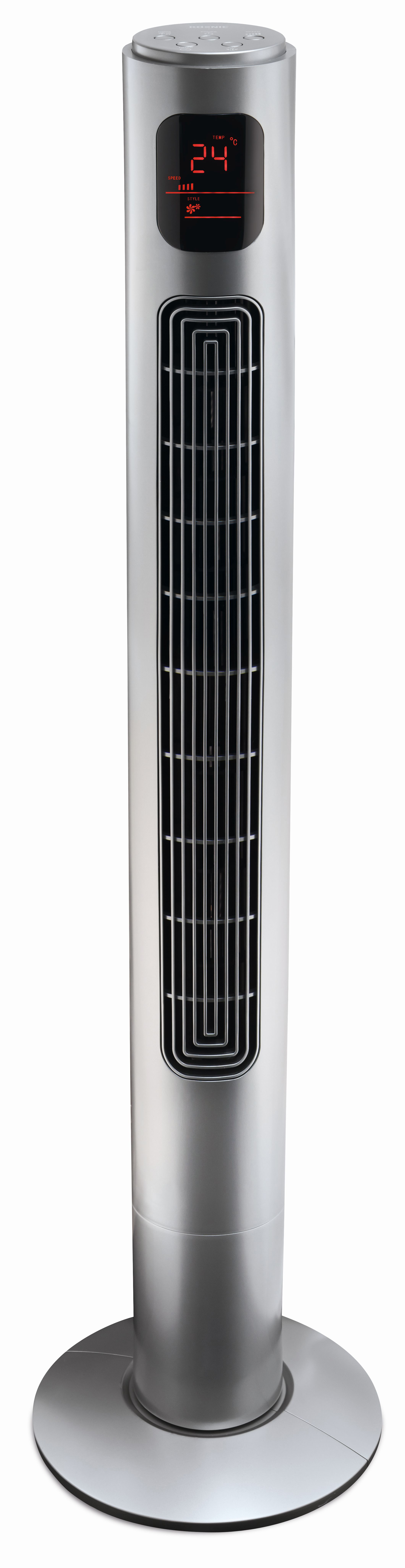 Elegancki, srebrny wentylator wieżowy z czarną kratką i cyfrowym wyświetlaczem.