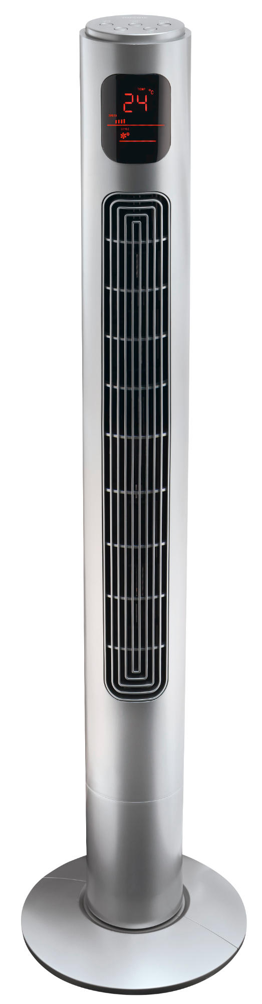 Srebrny wentylator wieżowy z cyfrowym wyświetlaczem temperatury i prędkości.