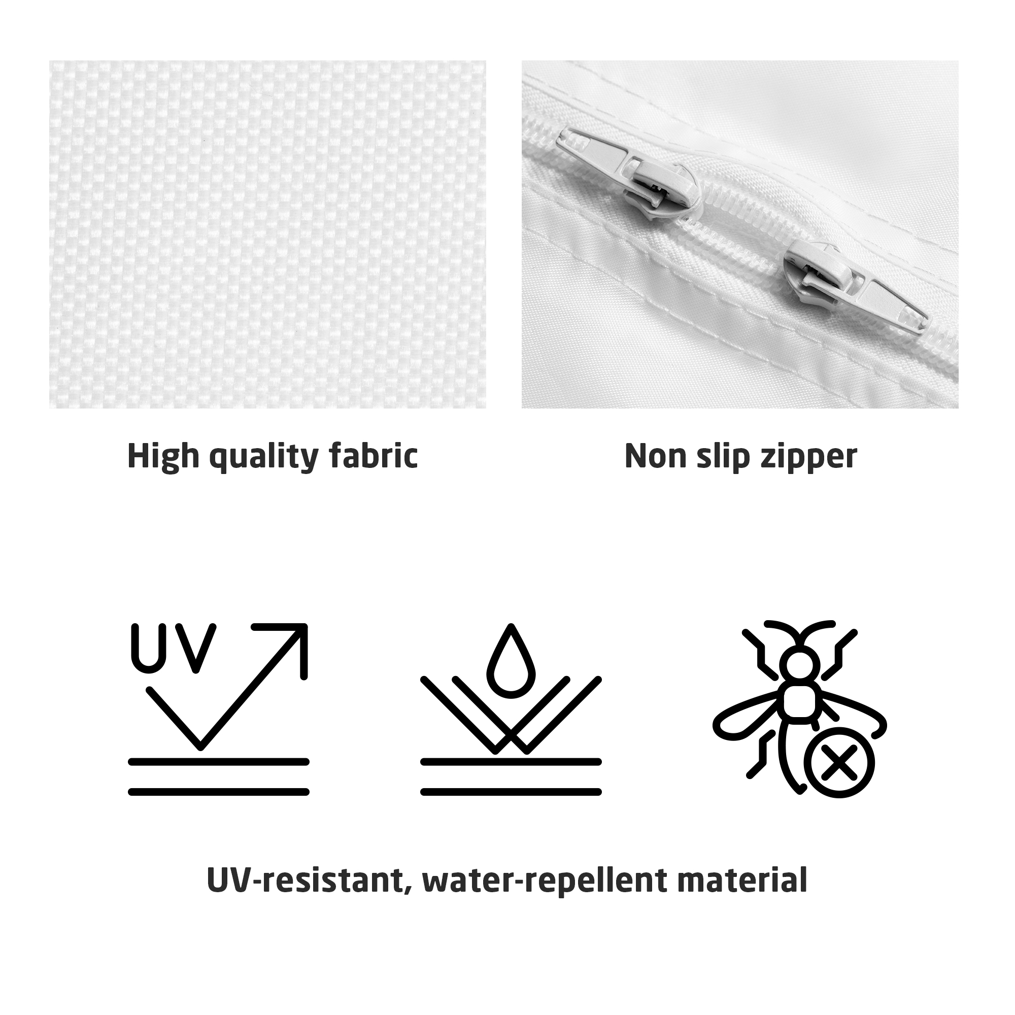 Wysokiej jakości tkanina, zamek błyskawiczny, ikony materiału odpornego na UV/wodę.