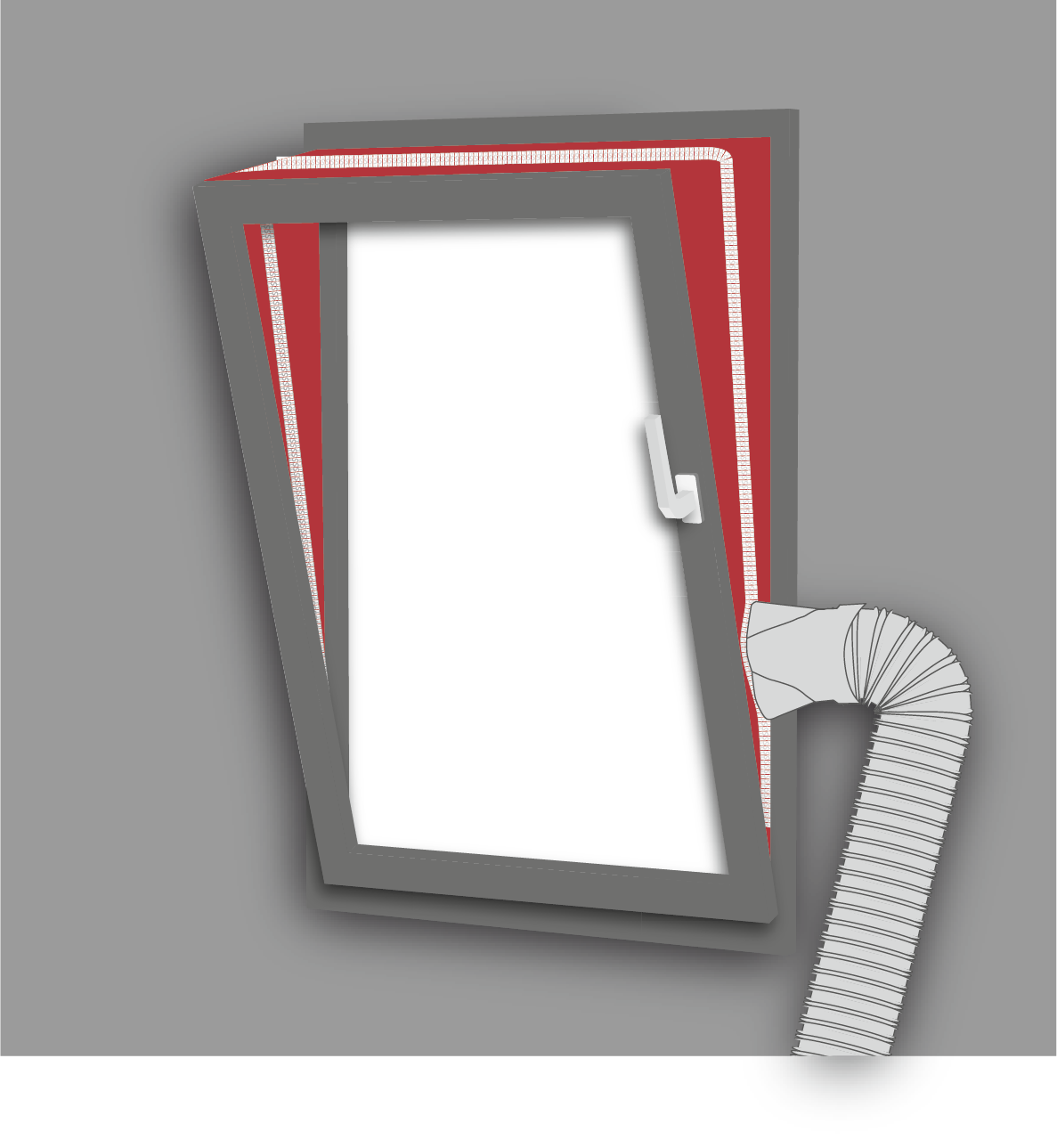 Rama okna z czerwonymi i białymi warstwami, obok szarego węża.