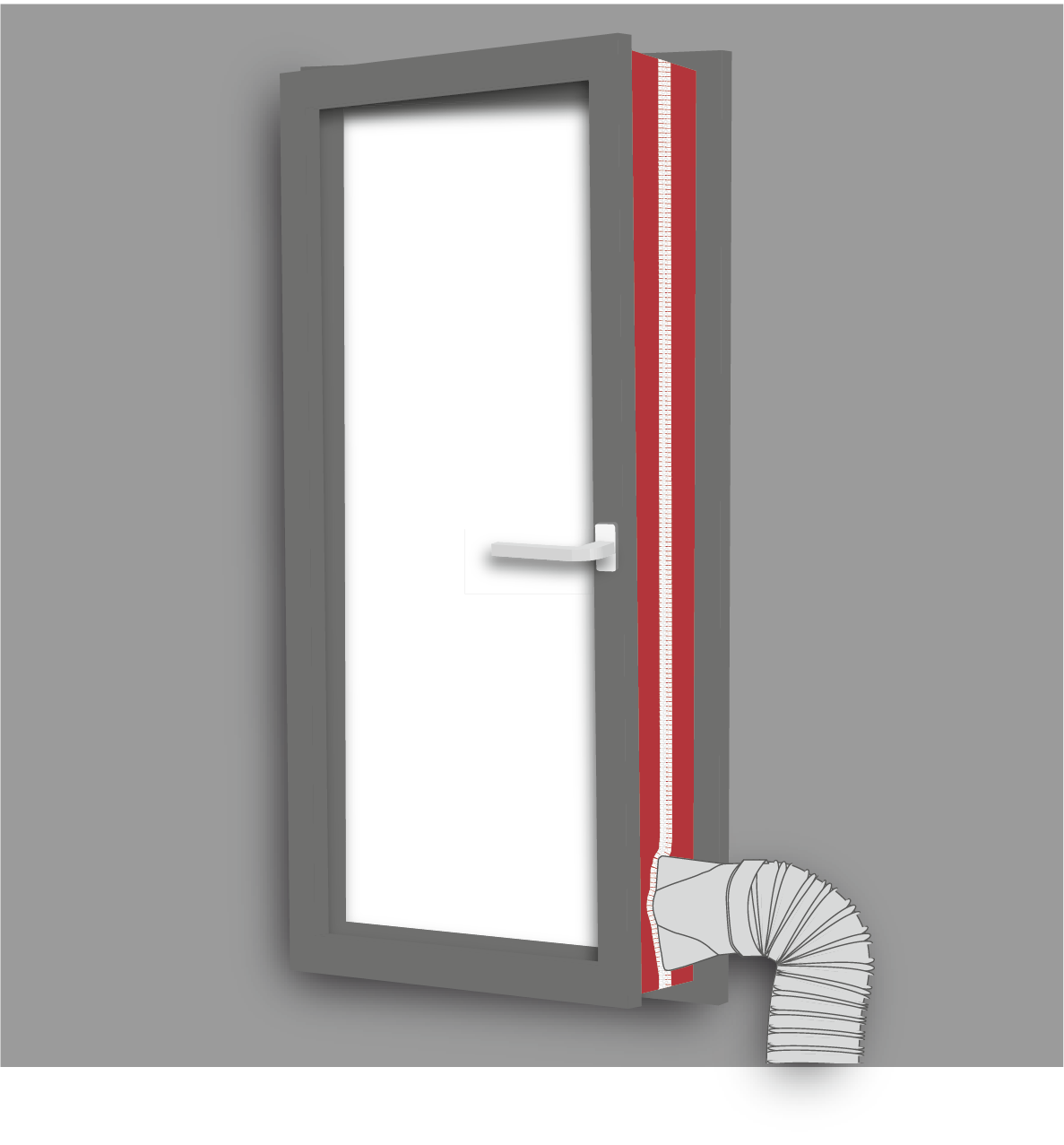 Szara rama drzwi z czerwoną uszczelką i elastycznym wężem.