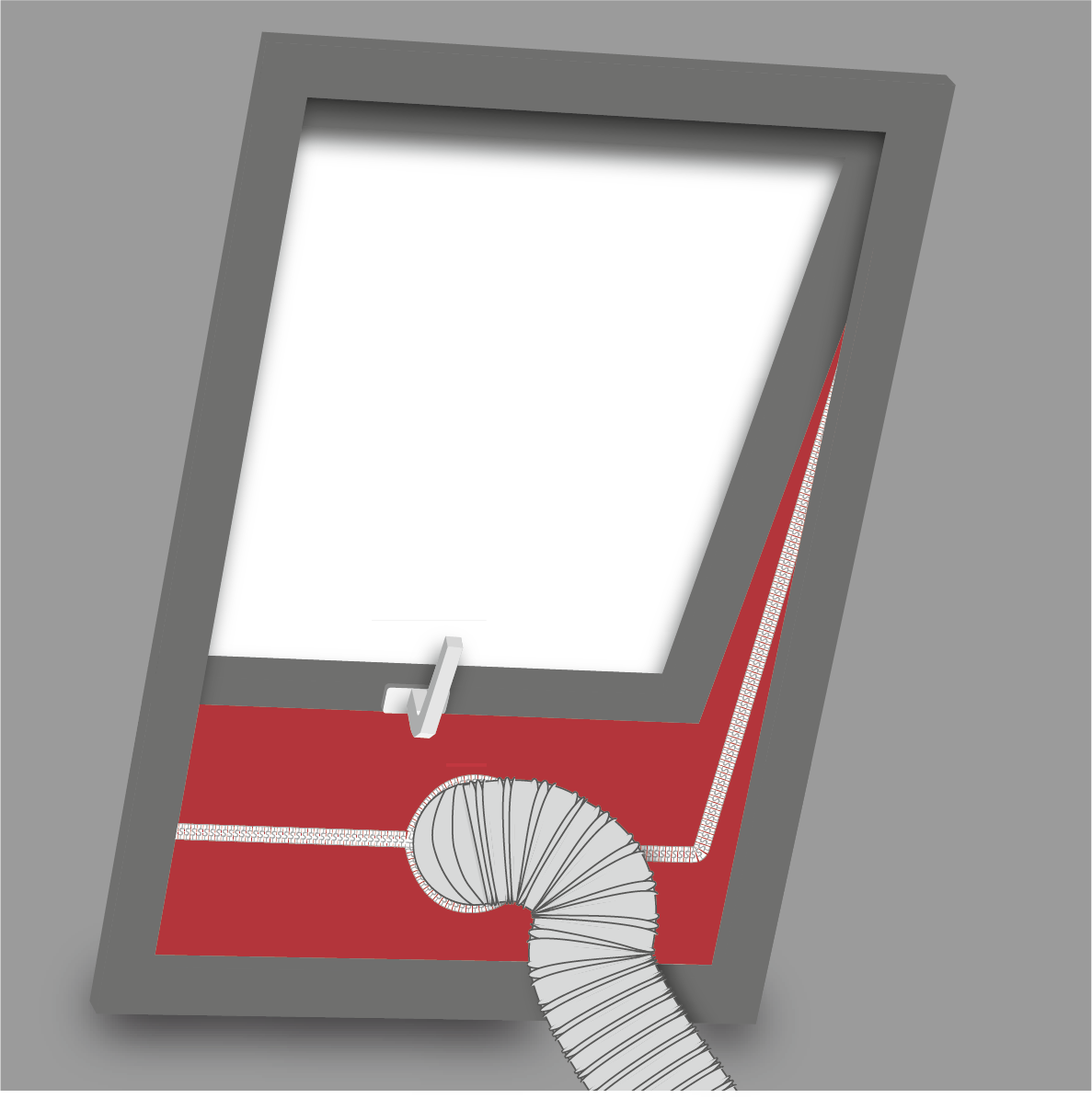 Szara rama okna dachowego z czerwoną izolacją i elastycznym wężem.