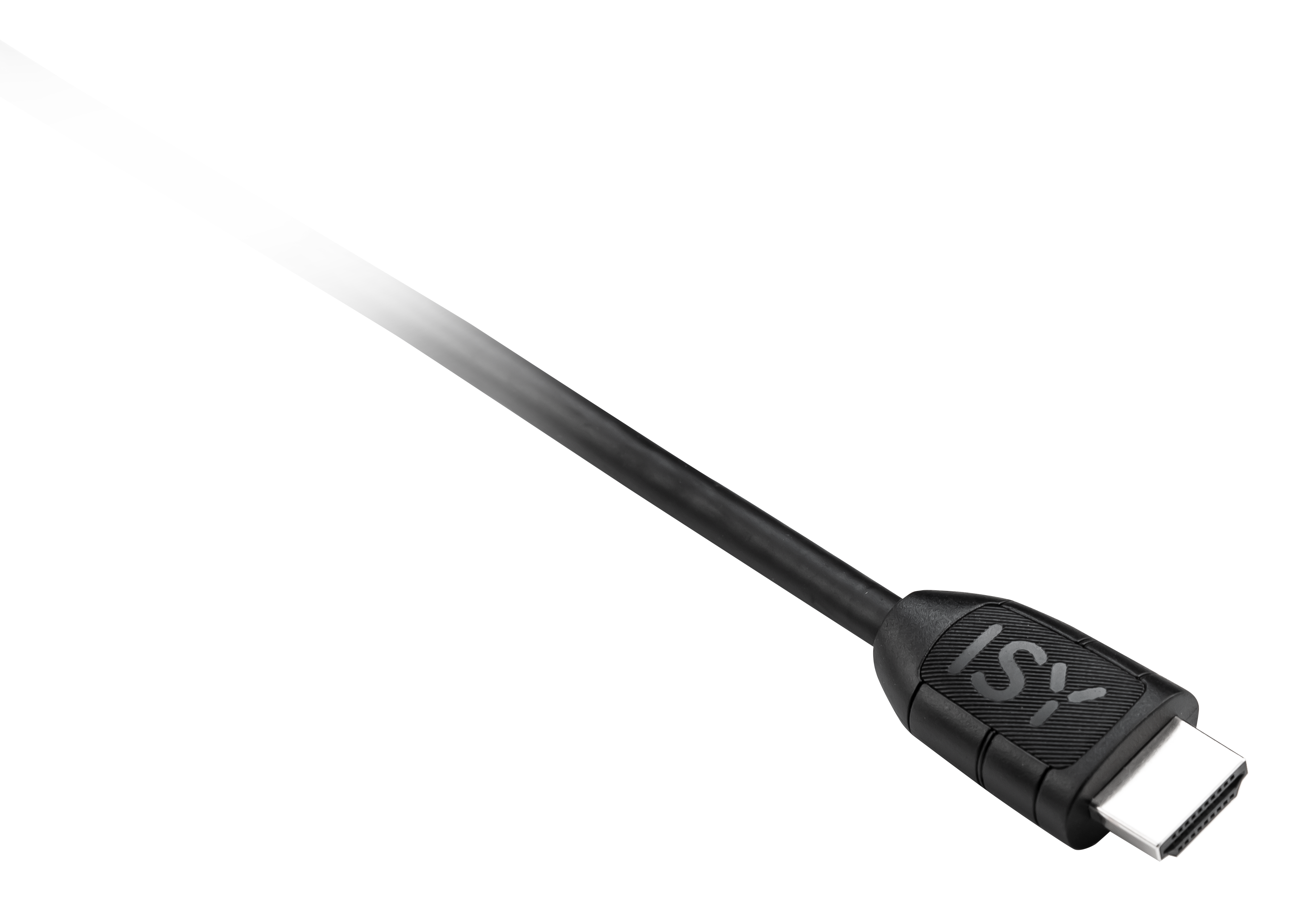 Czarny kabel HDMI z logo ISY na czarnym tle.