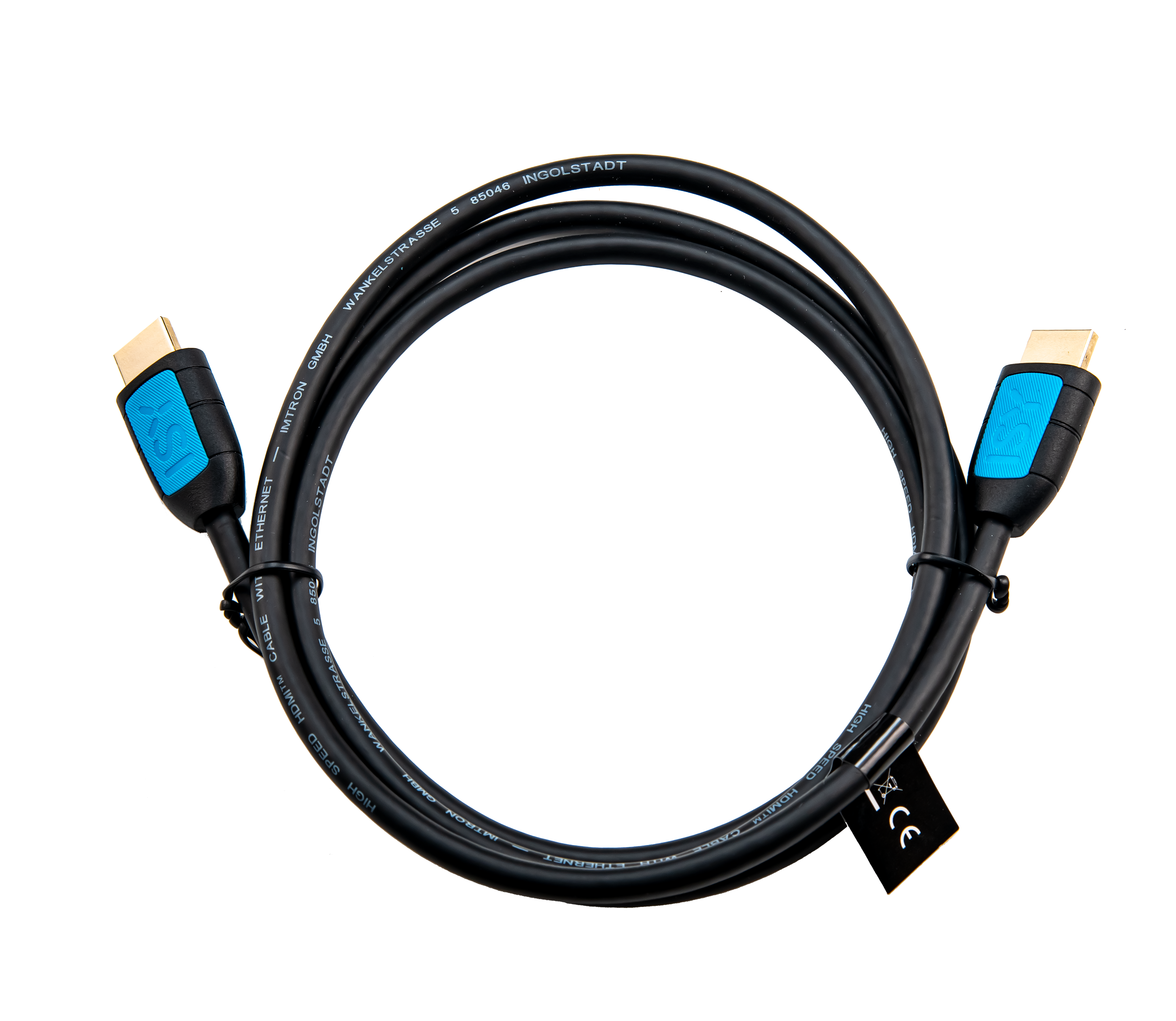 Czarny kabel HDMI z niebieskimi detalami złącza i oznaczeniem CE.