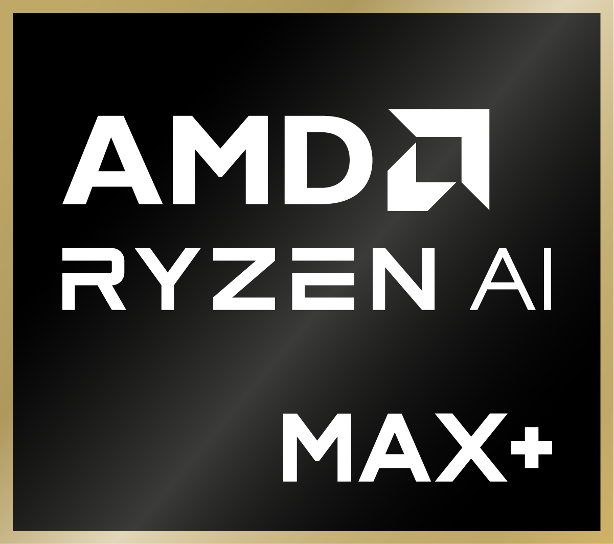 Logo AMD RYZEN AI MAX+ na czarnym tle ze złotą obwódką.