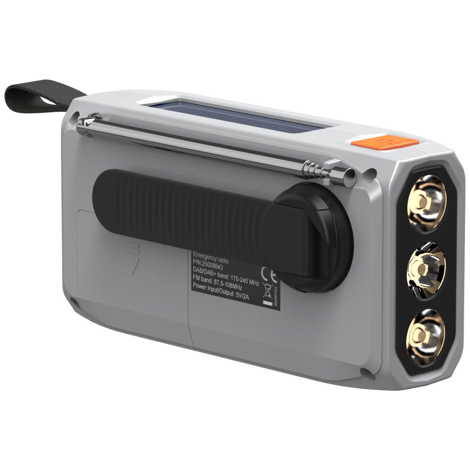 Grijze noodradio met zwengel, zonnepaneel, antenne en drie zaklampen.