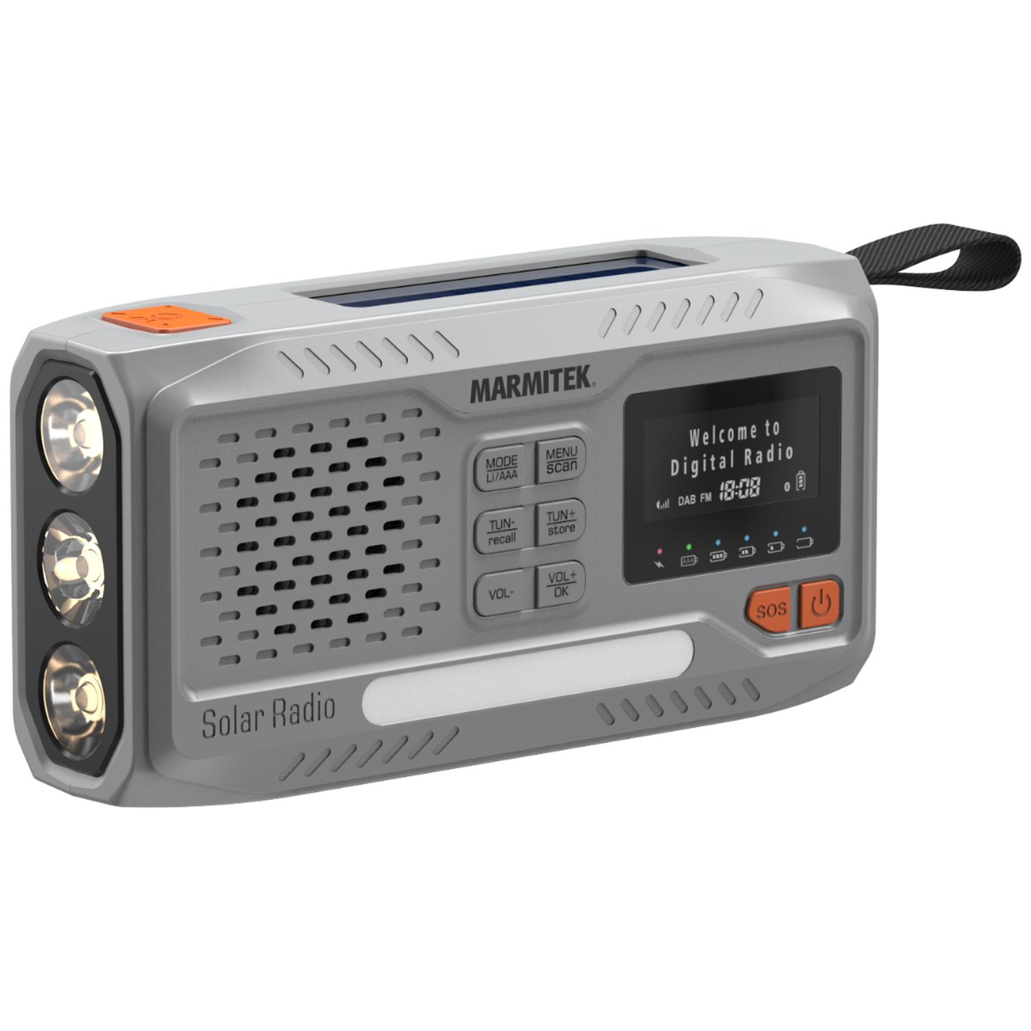 Grijze Marmitek solar radio met zaklampen, display en SOS-knop.