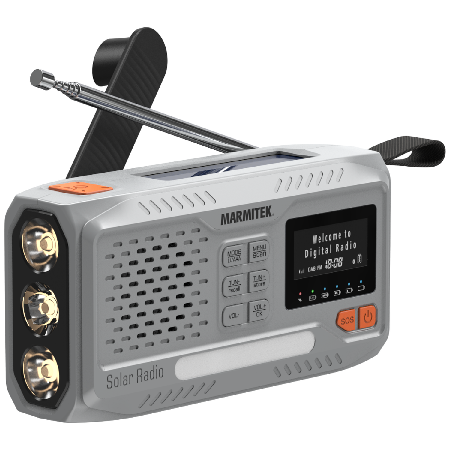 Zilveren Marmitek solar radio met zaklamp, antenne en digitaal display met DAB FM.
