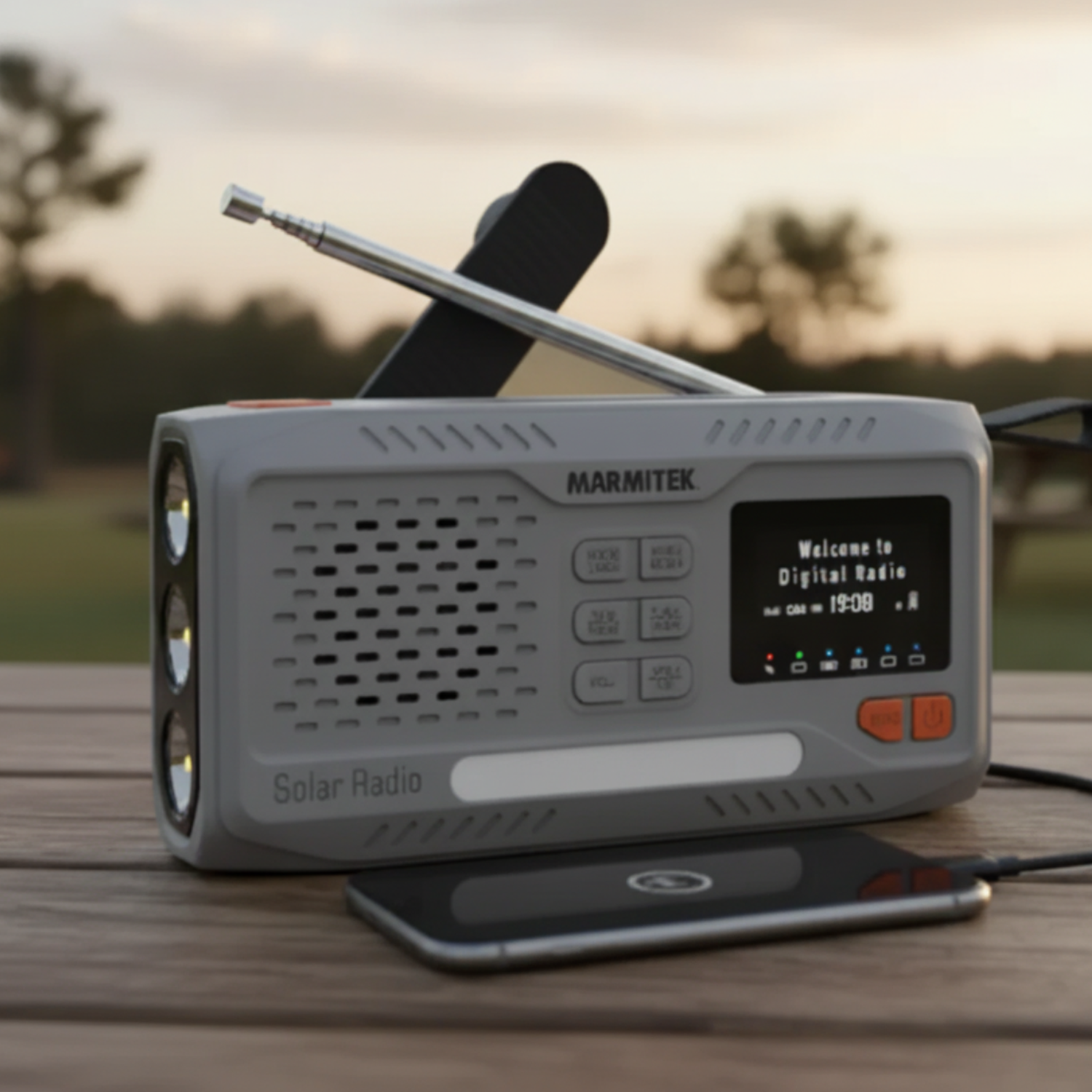Grijze solar radio met zwengel, antenne en LED-zaklampen, laadt smartphone op.