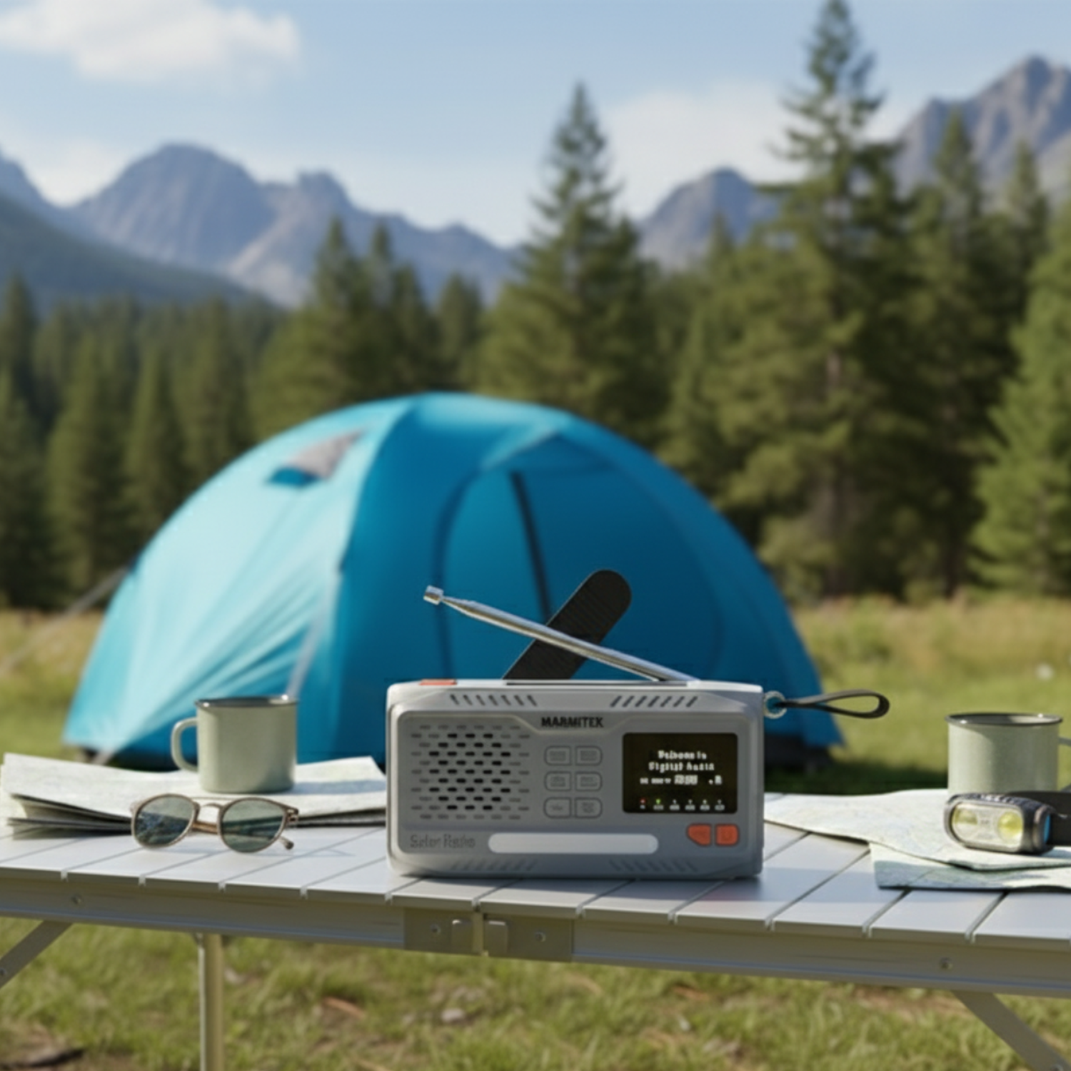 Een campingtafel met radio, zonnebril, mok en lamp voor een blauwe tent.