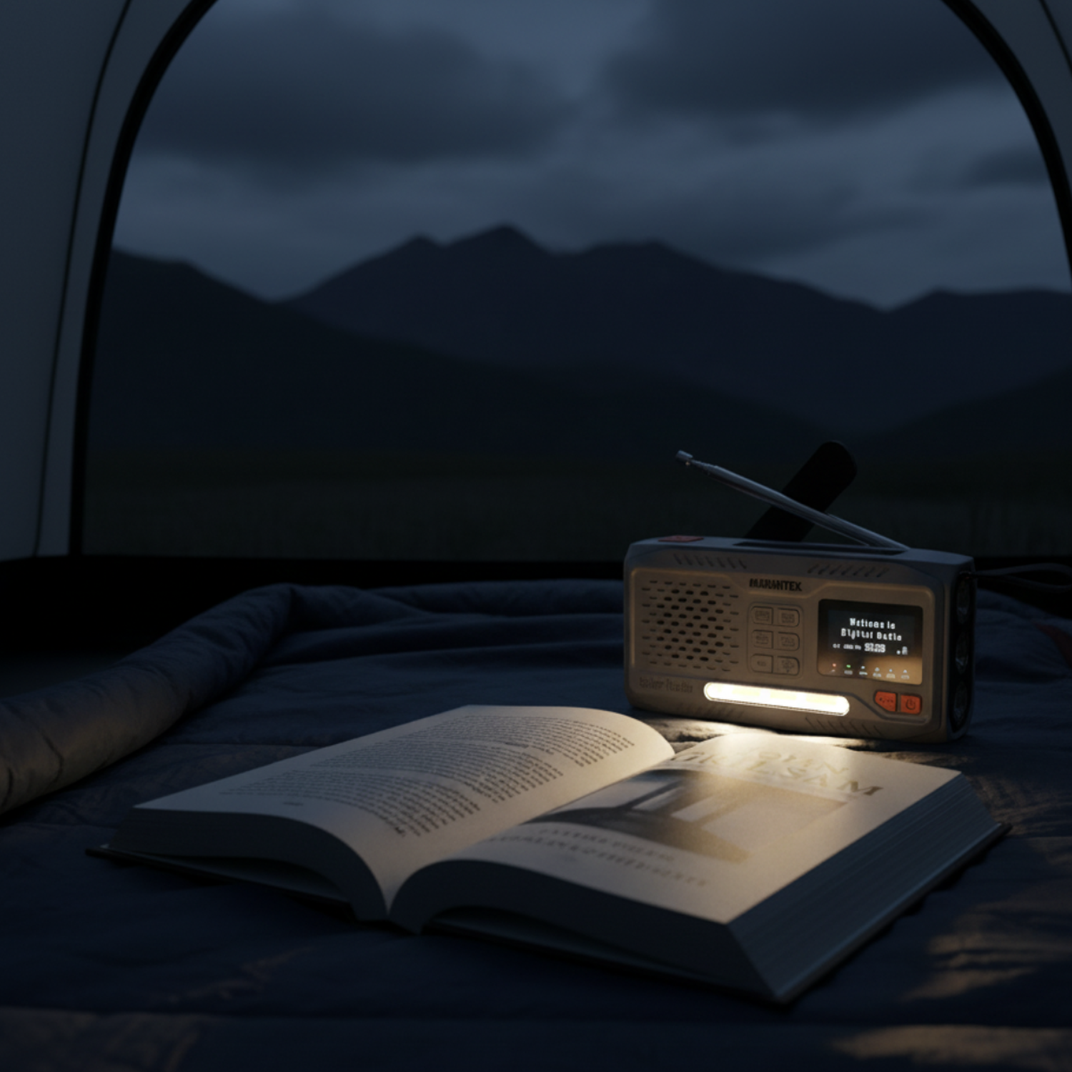 Een open boek en een radio verlichten 's nachts een tentinterieur. Bergen op de achtergrond.