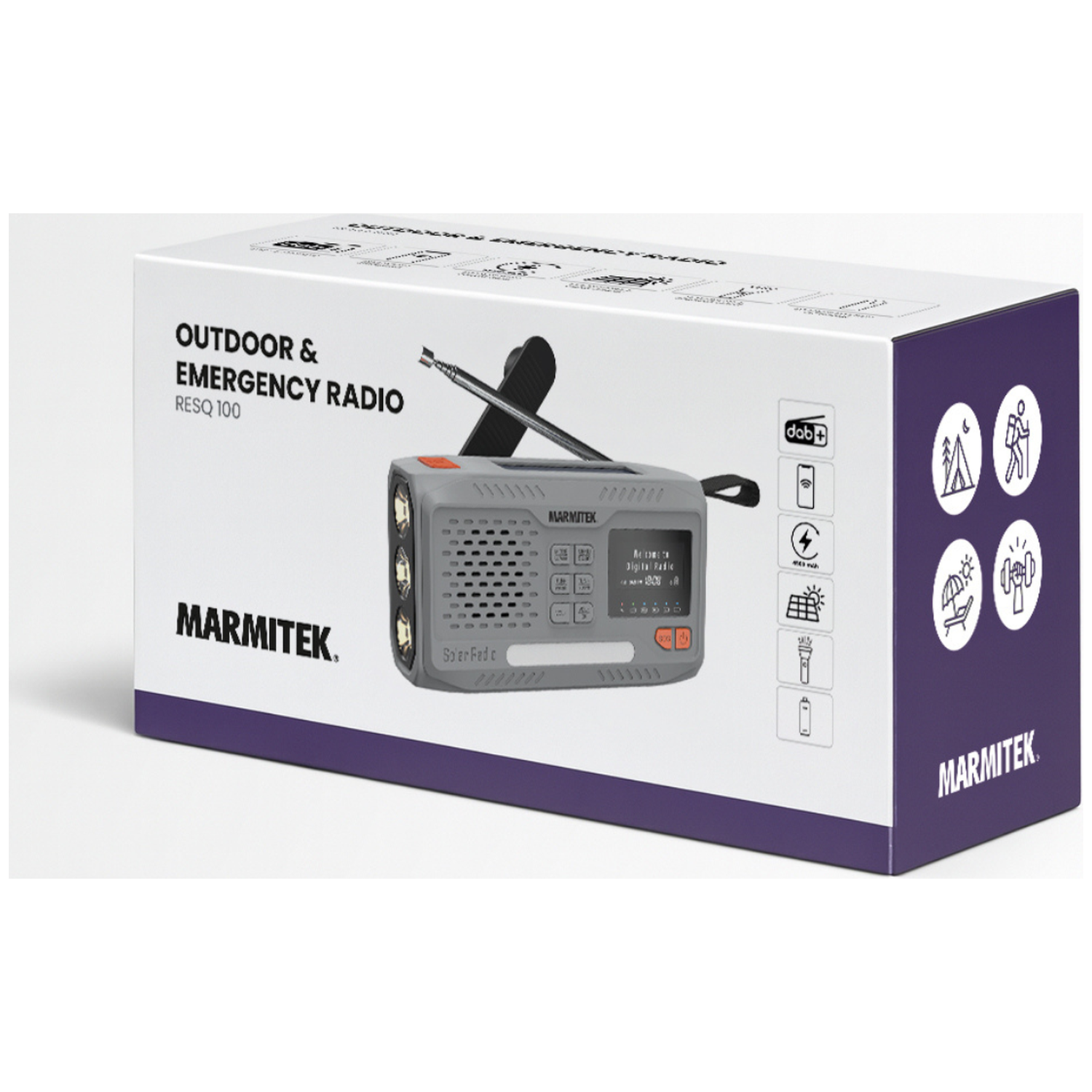 Marmitek outdoor & noodradio RESQ 100 doos met DAB+ functies en iconen.