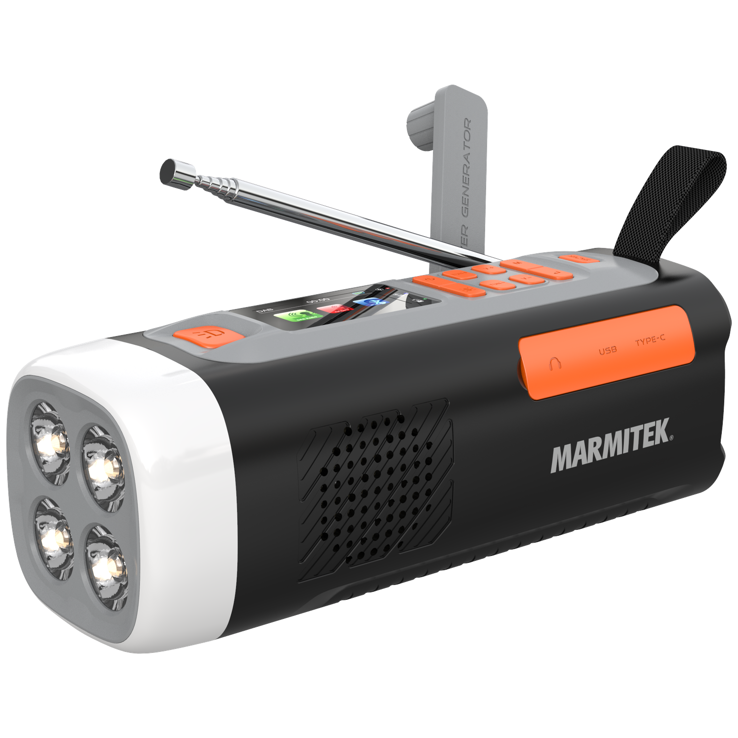 Zwart en grijs Marmitek noodradio met LED-zaklamp, antenne en knoppen.