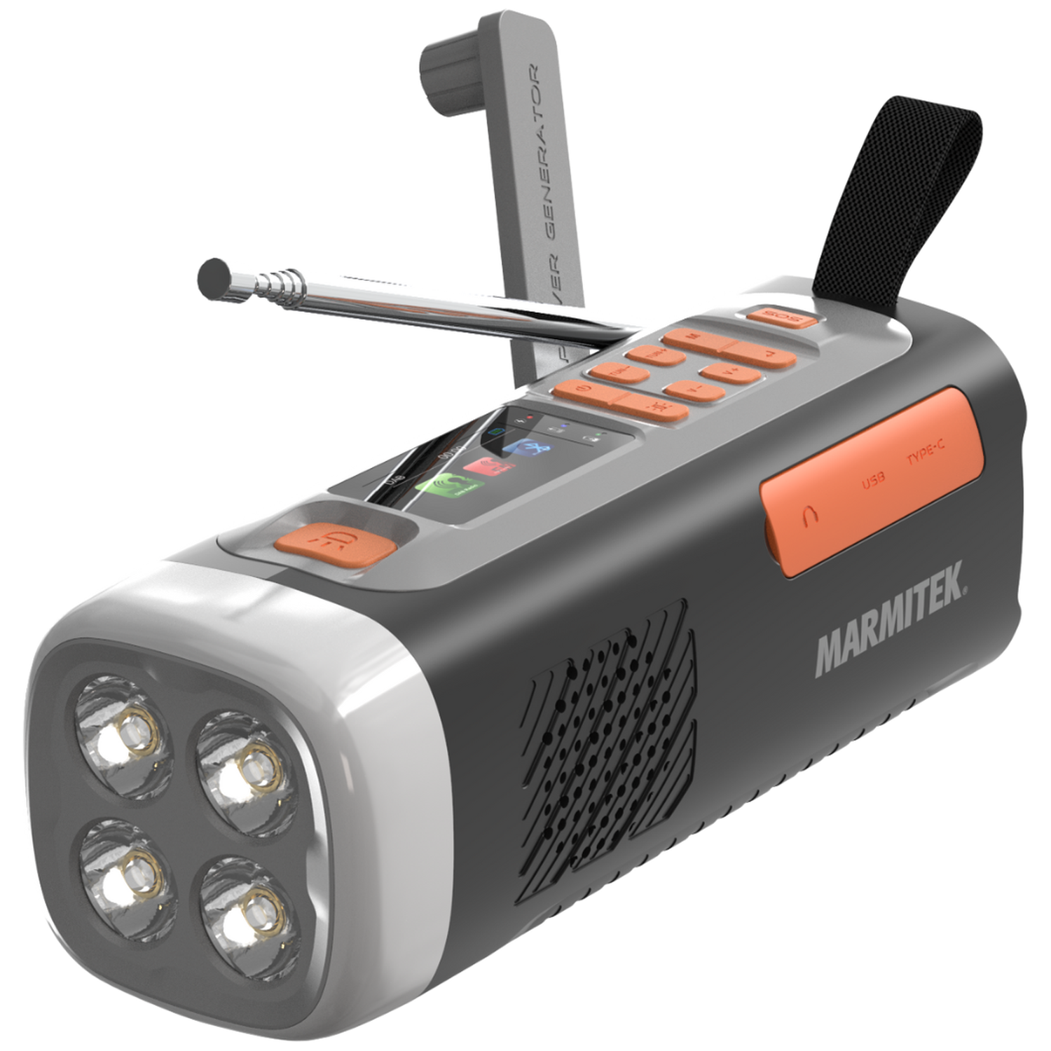Een multifunctionele radio met zaklamp, antenne en slinger.