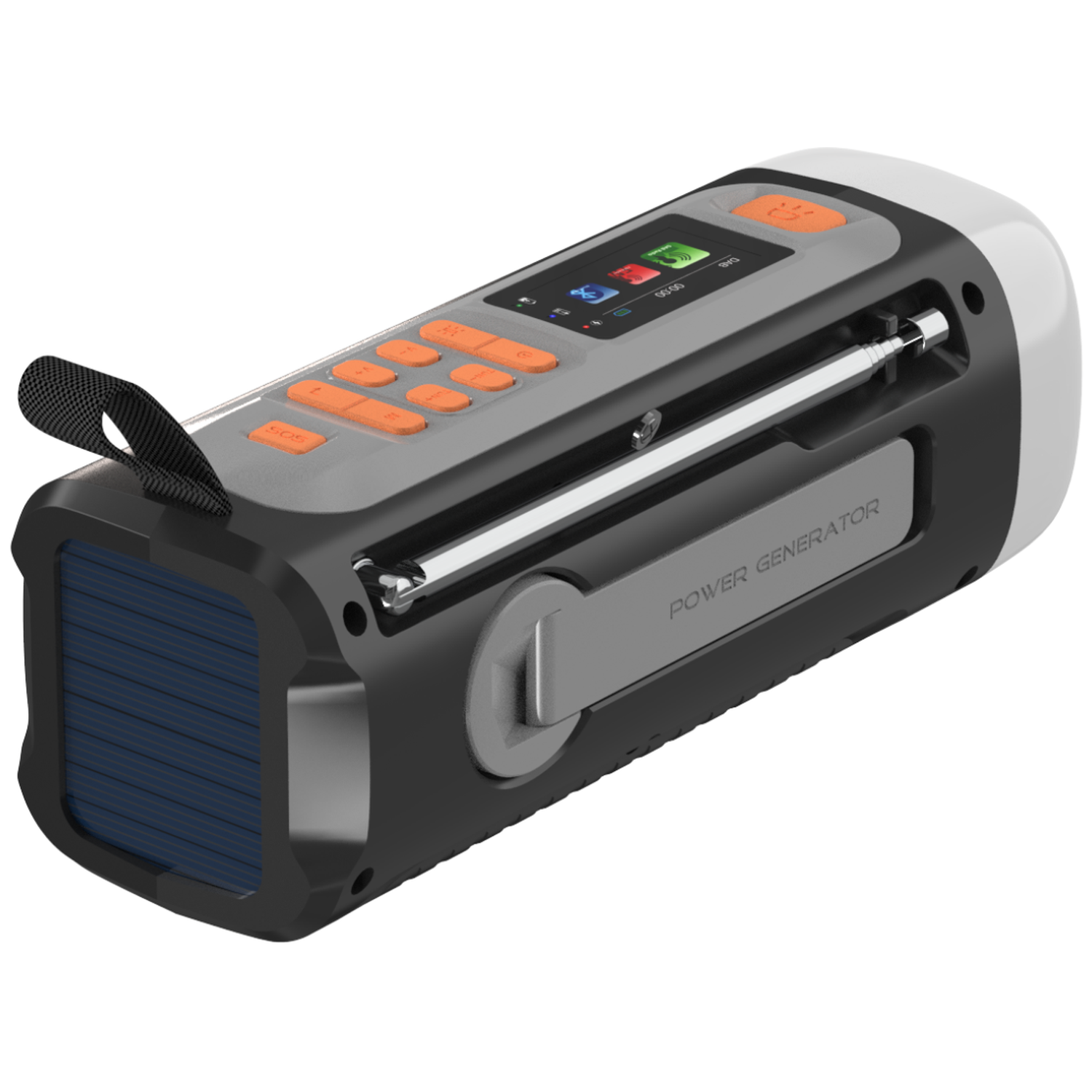 Multifunctioneel apparaat met zonnepaneel, knoppen, scherm, antenne en draaglus.