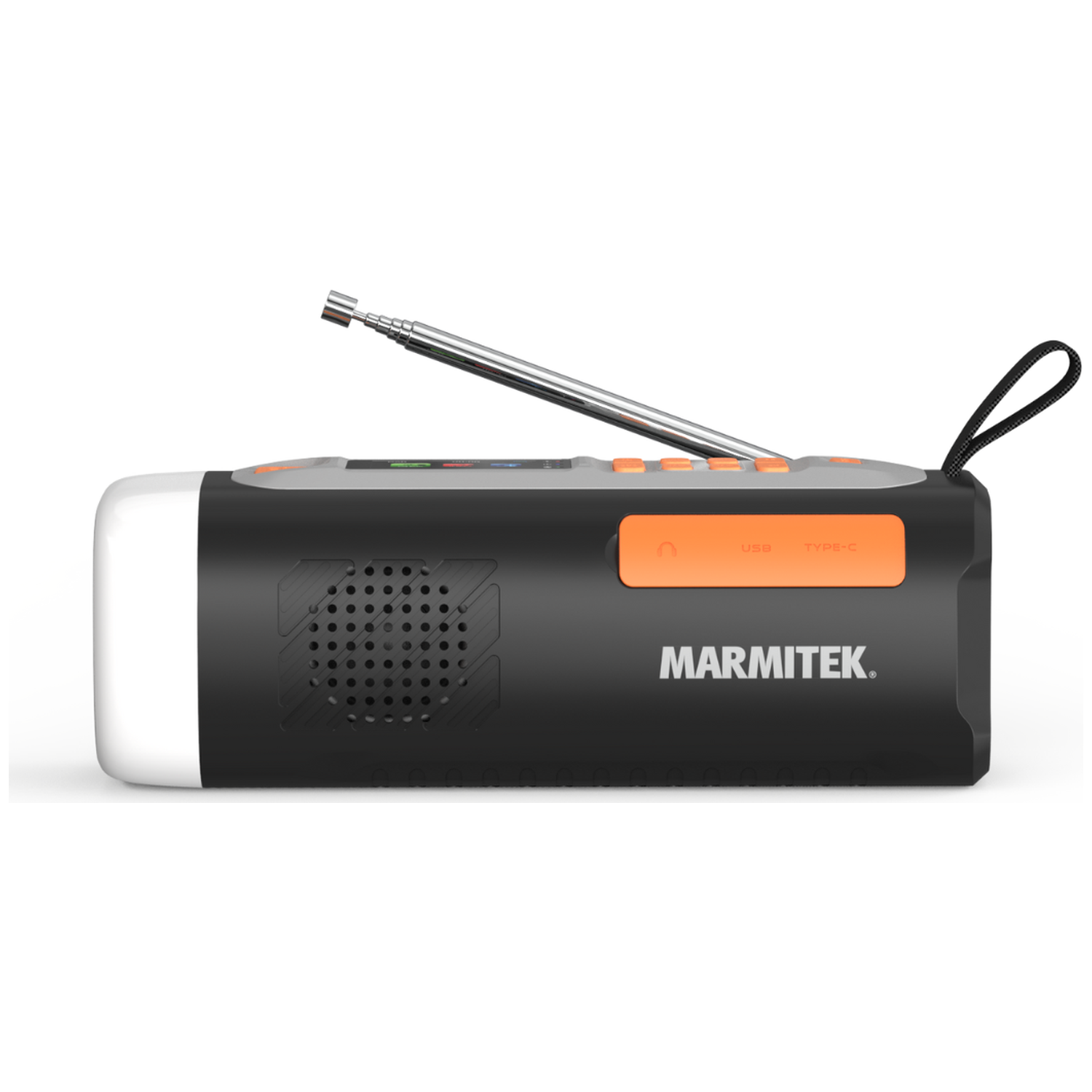 Zwarte Marmitek radio met uitschuifbare antenne, speaker, knoppen en draaglus.