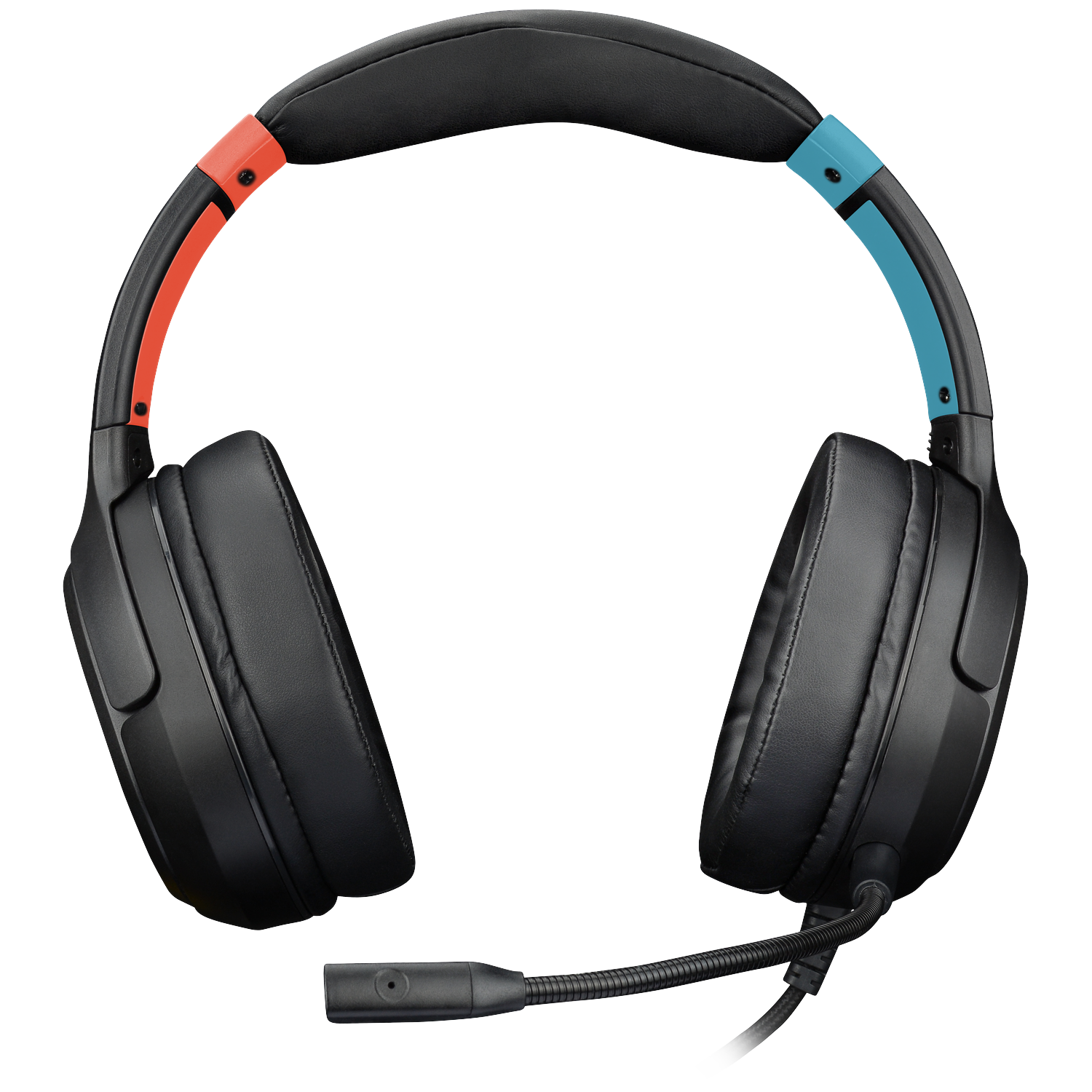 Black headphones with orange and blue accents, and a microphone.