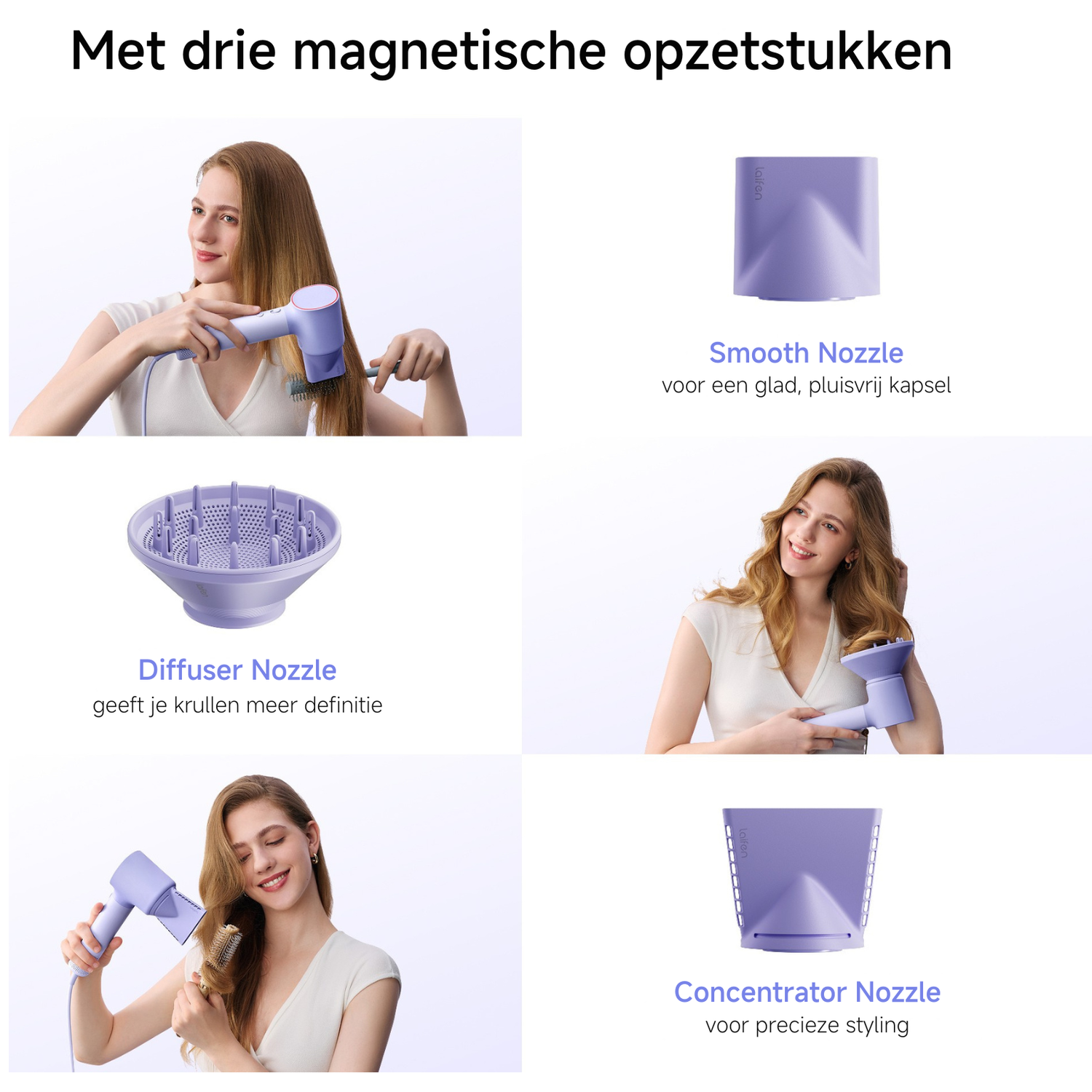 Een vrouw droogt haar haar met een paarse föhn en opzetstukken.