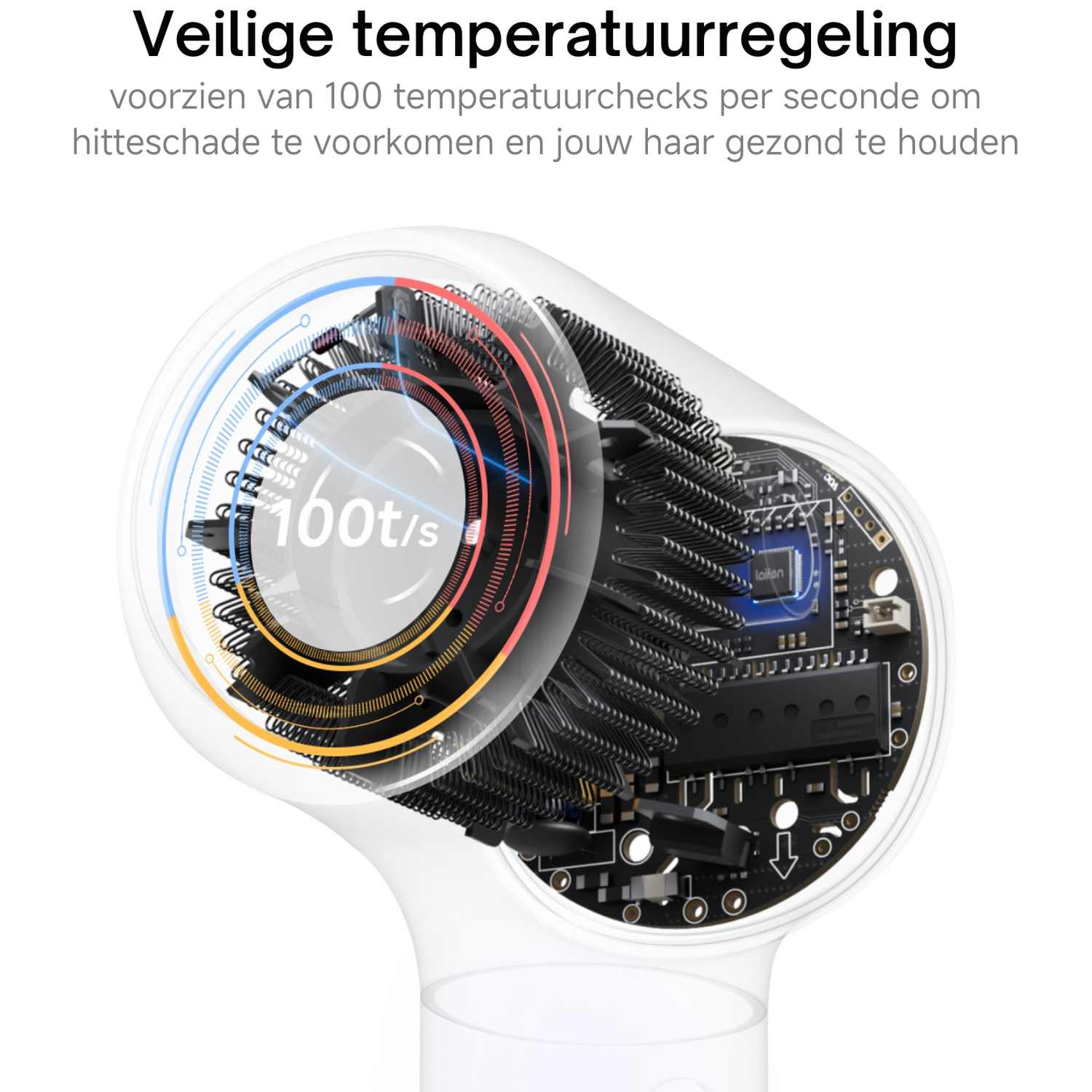 Close-up van een haardrogerkop met elektronica en een ring die 100t/s aangeeft.