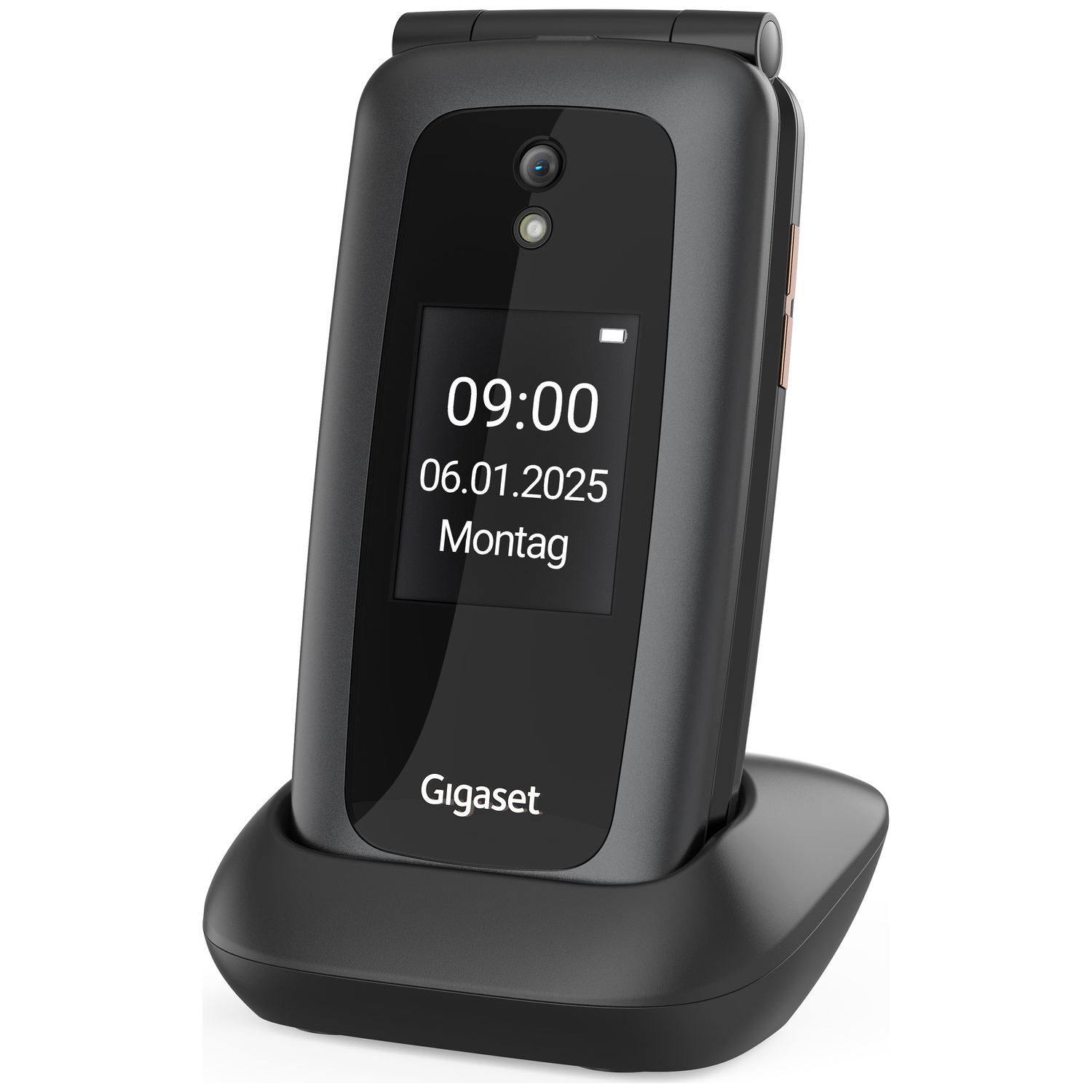 A black flip phone with Gigaset logo on a charging dock.