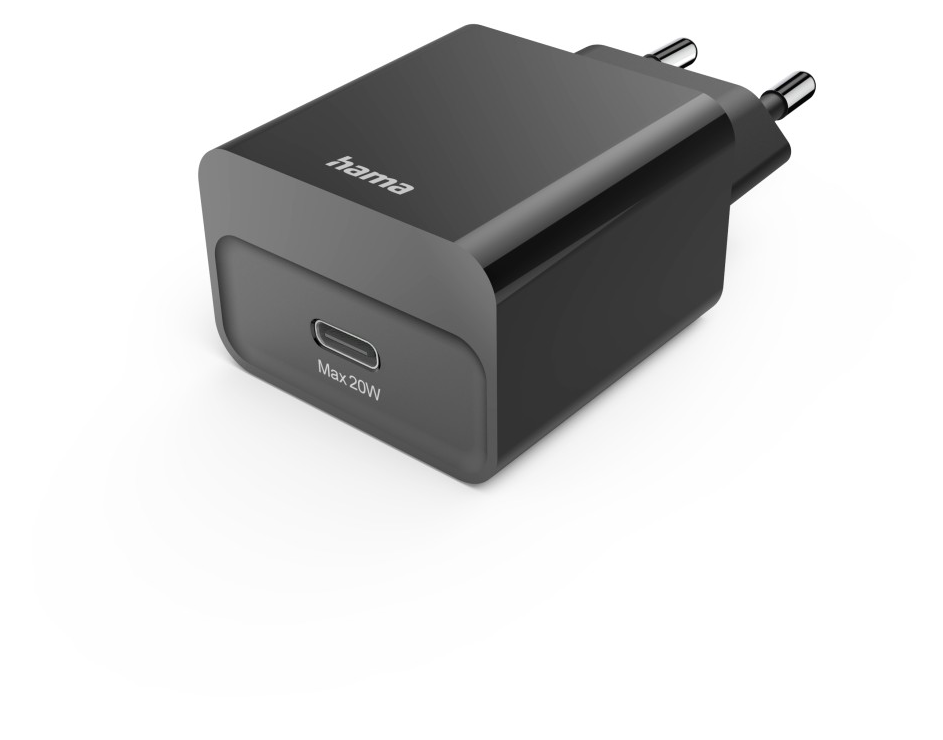 Fekete Hama USB-C töltő 20W teljesítménnyel és európai csatlakozókkal.