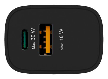Fekete töltő USB-C (30W) és USB-A (18W) portokkal.