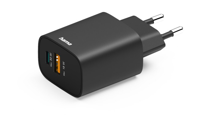 Fekete Hama töltő két USB porttal (30W, 18W) és európai dugóval.