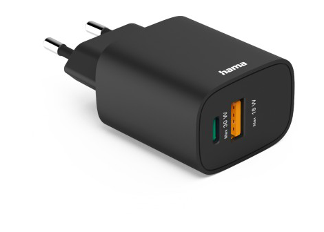 Fekete Hama USB-C töltő két porttal, 30W és 18W.