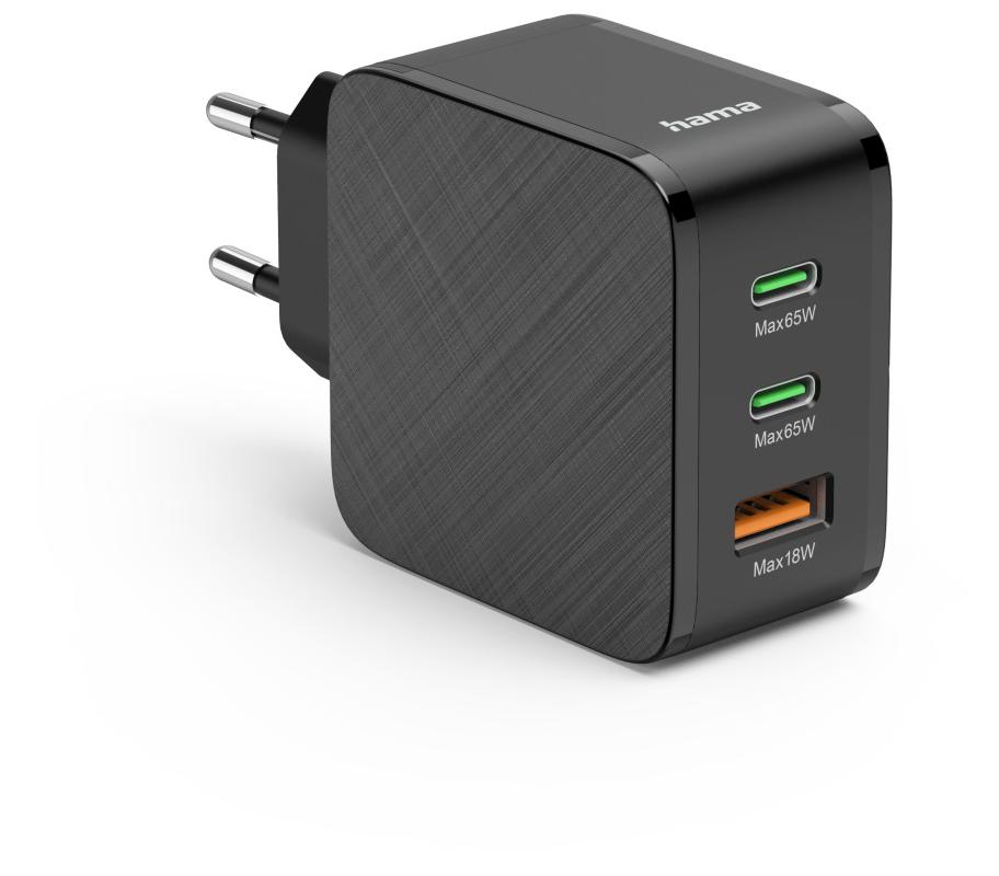 Fekete Hama tápegység két USB-C és egy USB-A porttal.