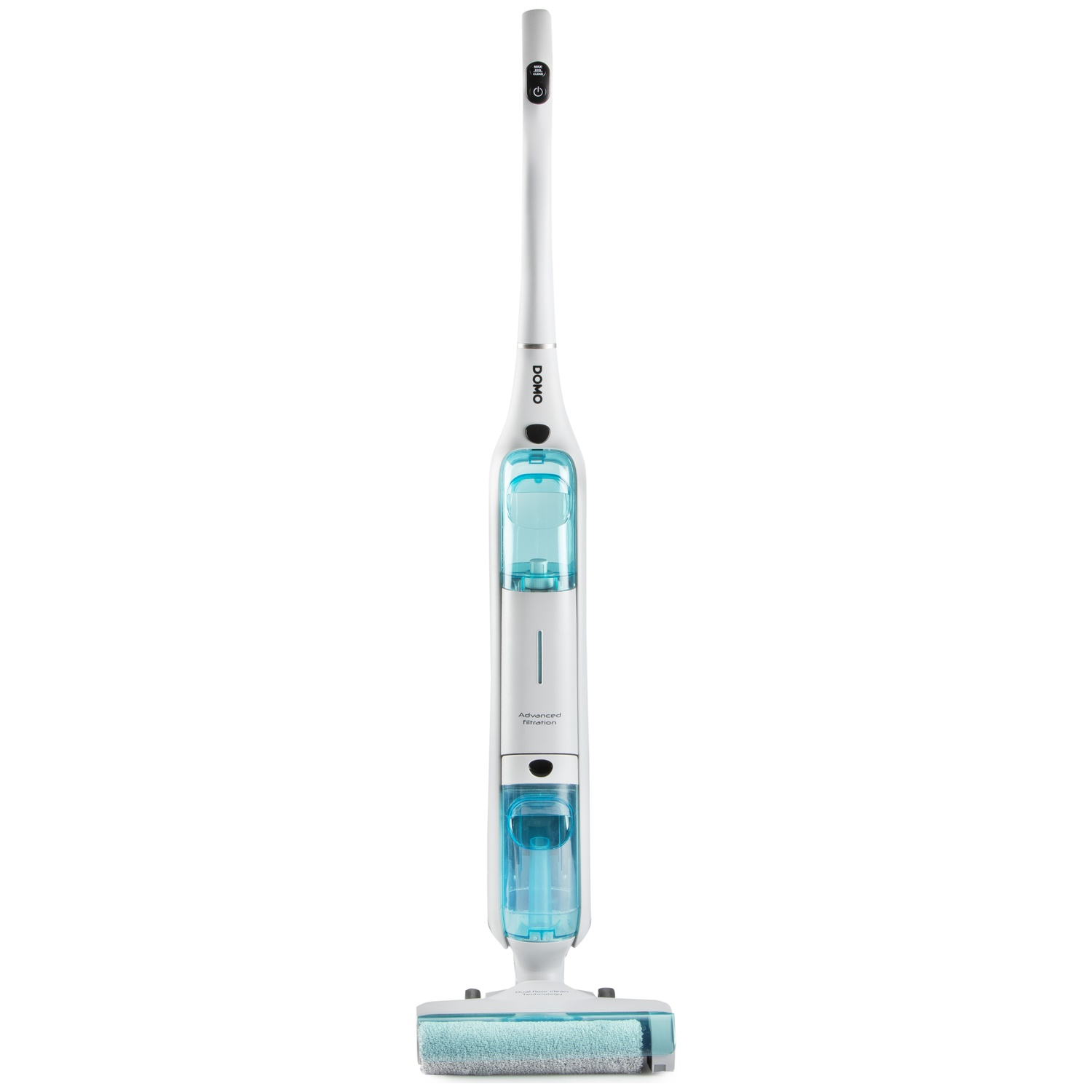 Un nettoyeur de sol blanc avec des détails bleus et une tête de brosse.