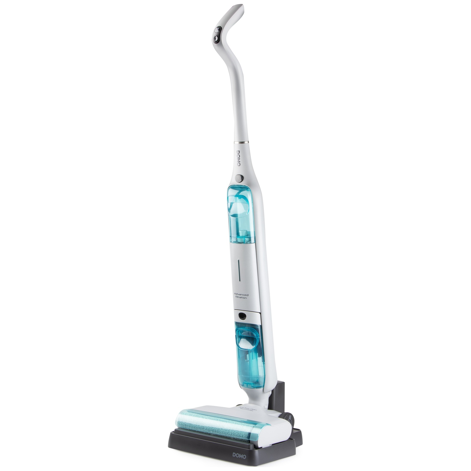 Un aspirateur balai blanc avec réservoirs bleus et tête de brosse sur socle noir.