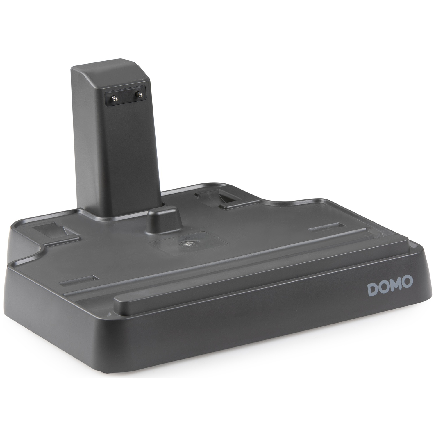 Station de charge gris foncé avec support vertical et logo DOMO.