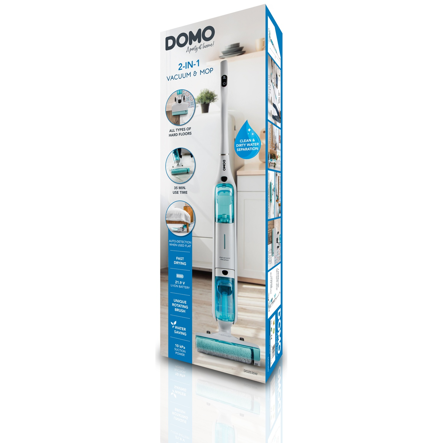 Aspirateur et serpillière 2-en-1 DOMO sur emballage, montrant les détails.